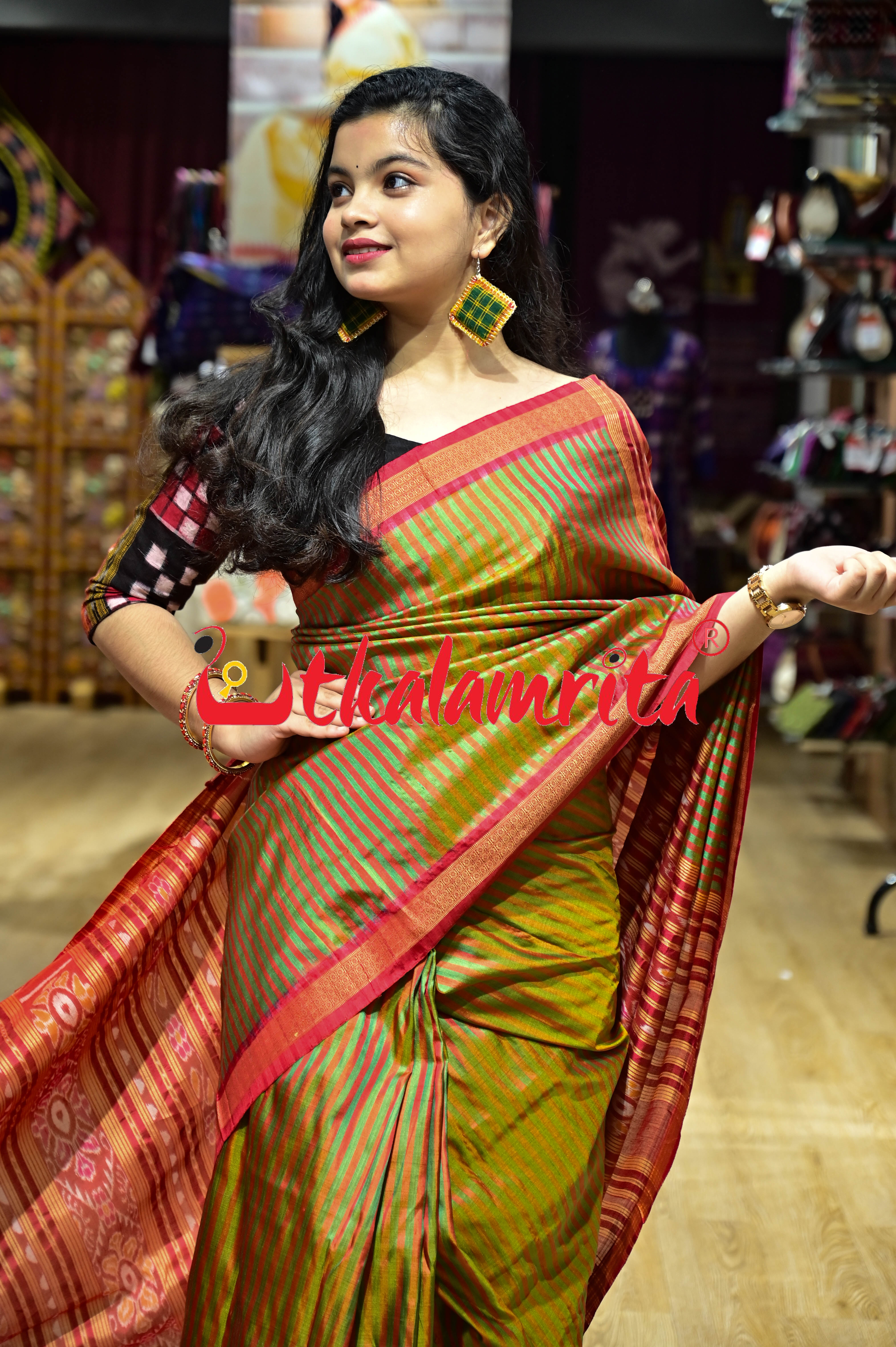 Green Red Stripes Khandua Silk Saree