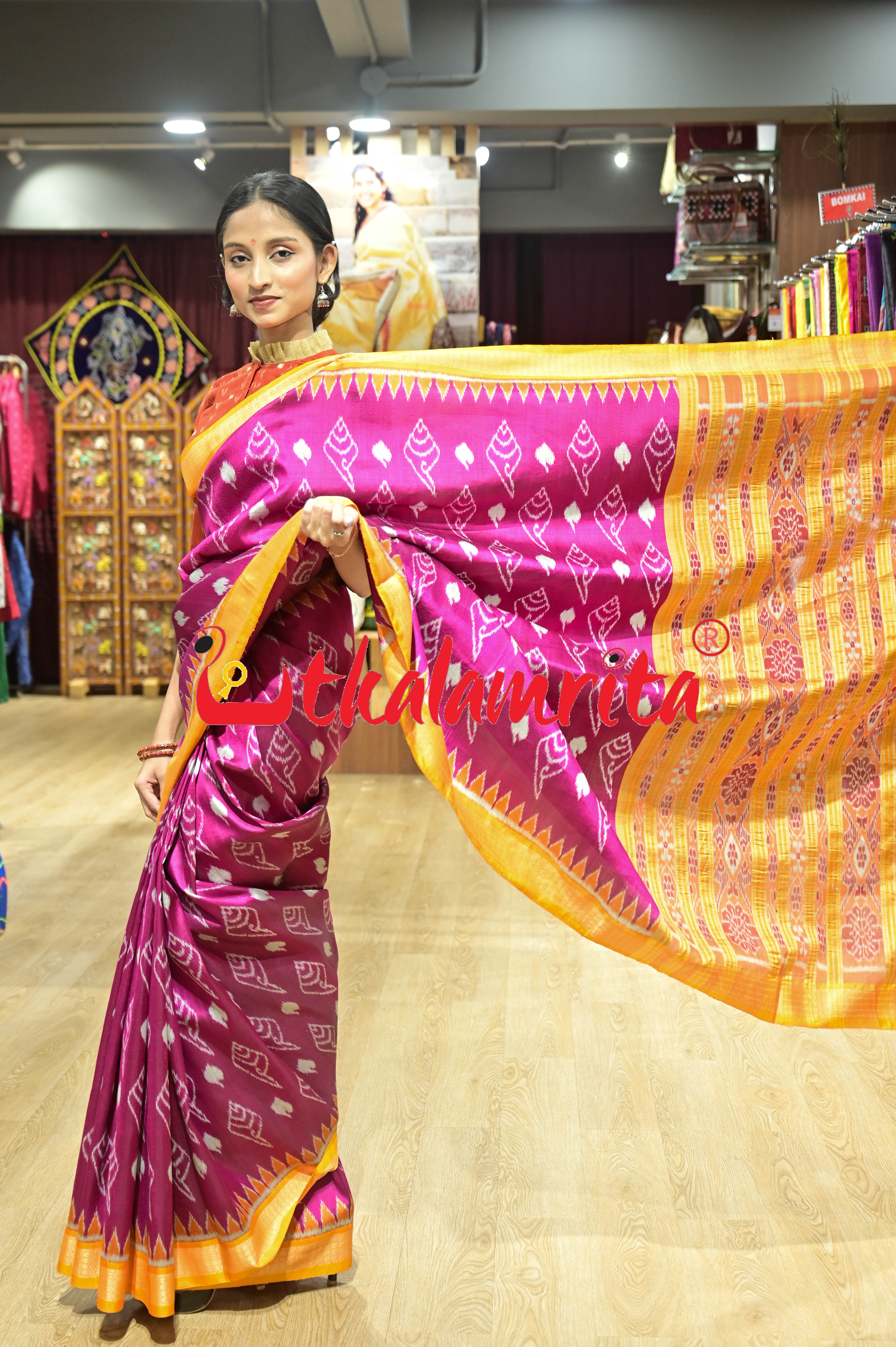 Rani Sankha with Yellow Border Khandua Silk Saree
