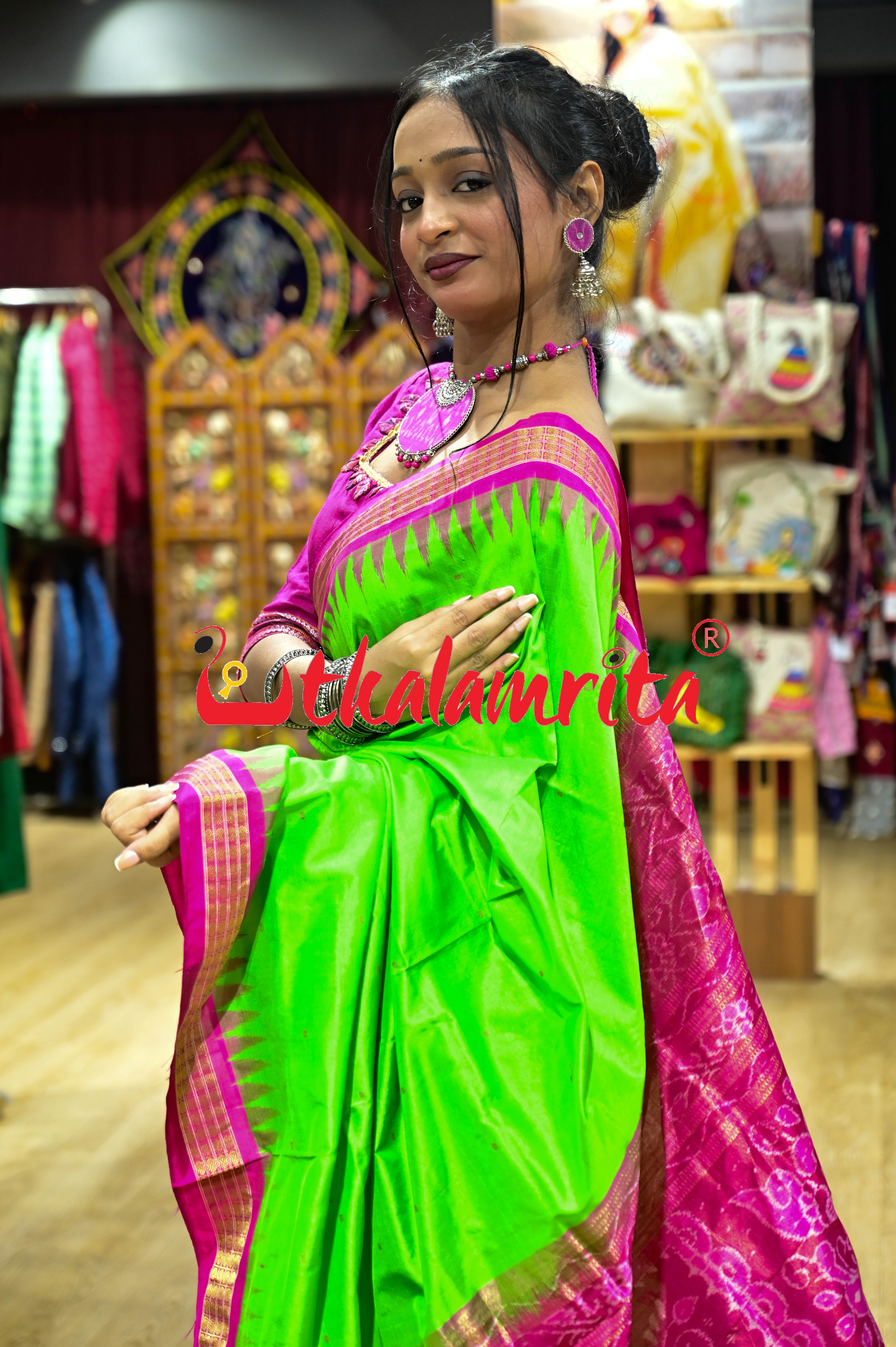 Green Pink Half Tissue Sambalpuri Silk Saree