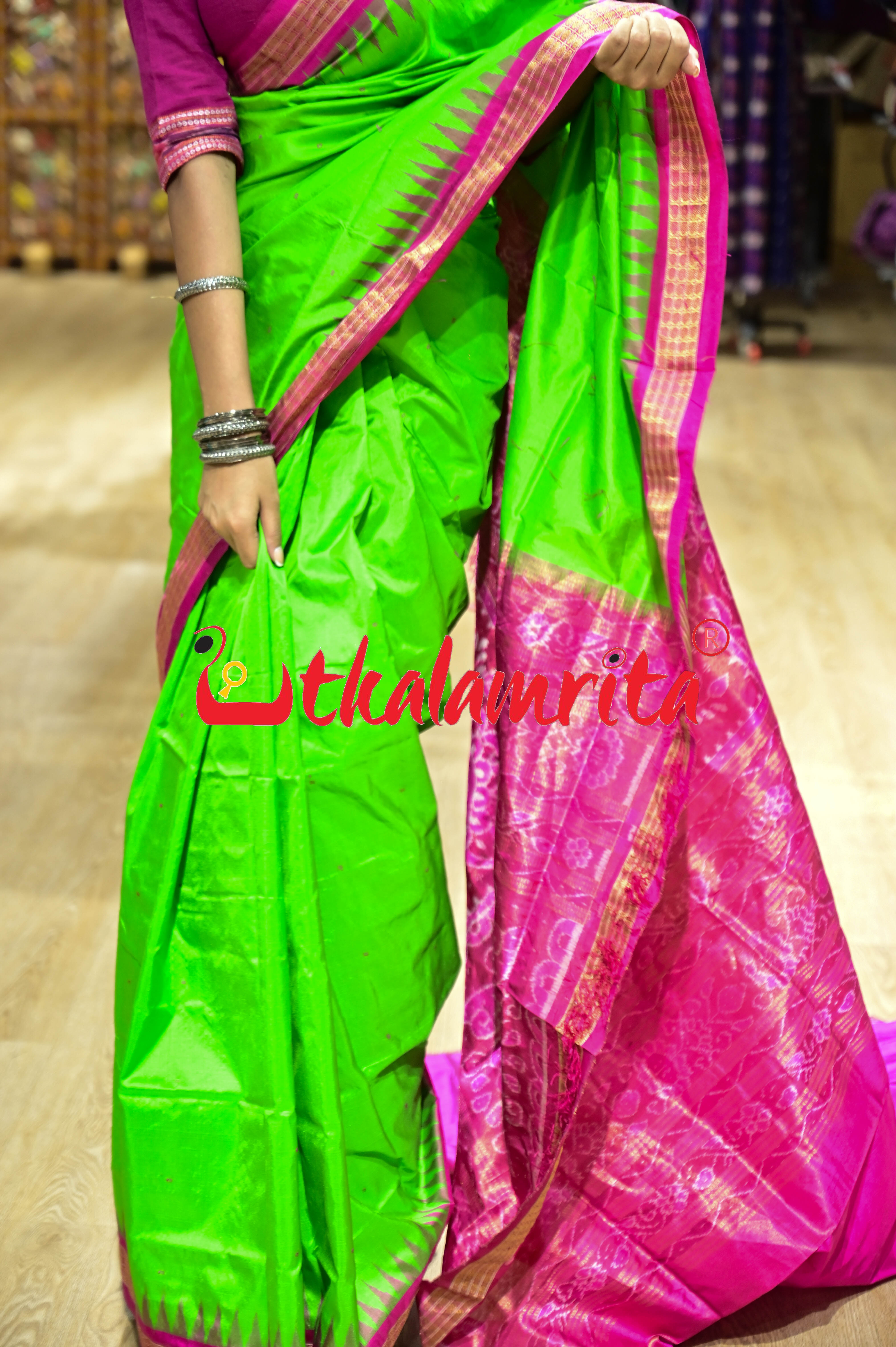 Green Pink Half Tissue Sambalpuri Silk Saree