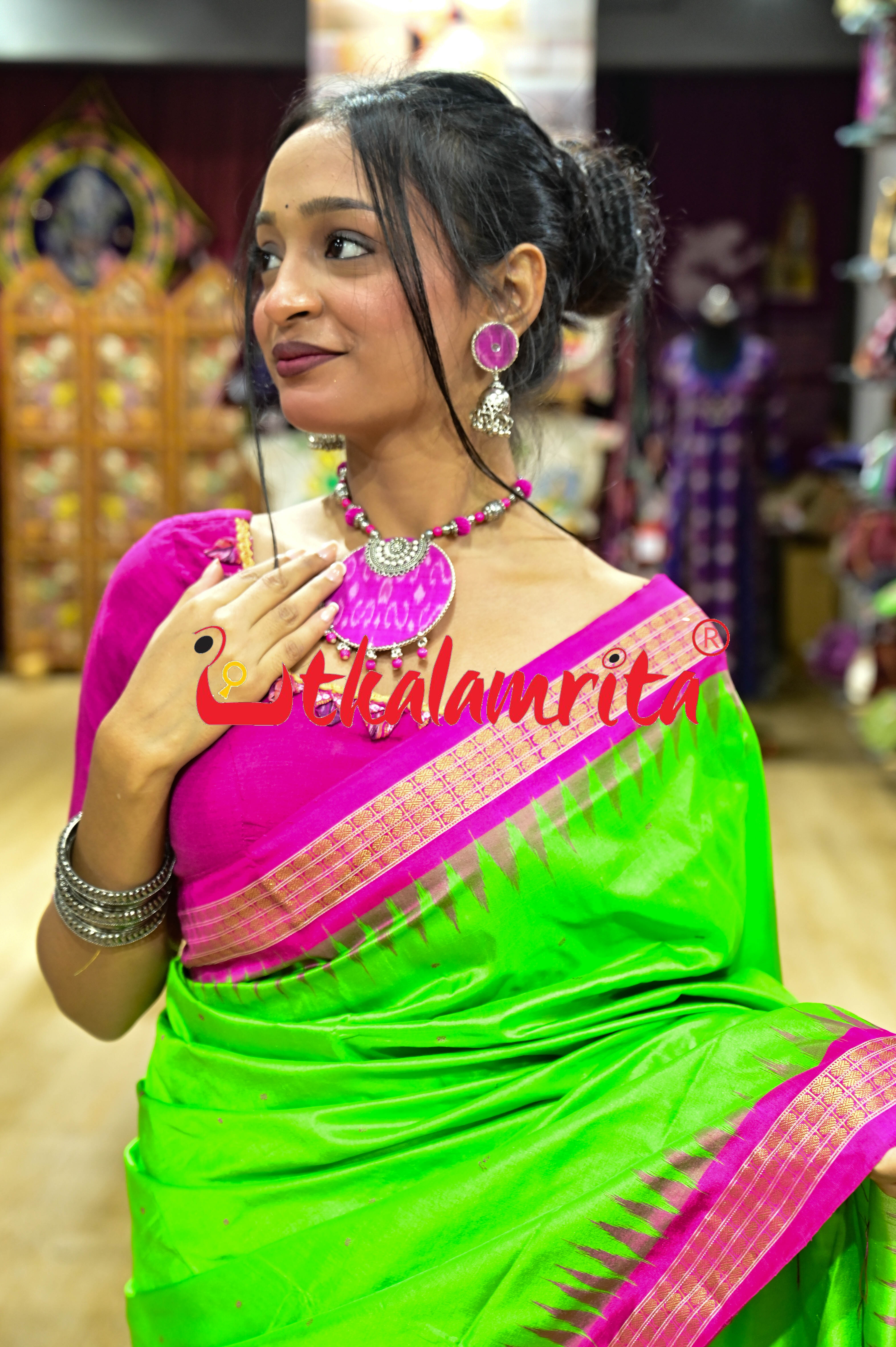 Green Pink Half Tissue Sambalpuri Silk Saree