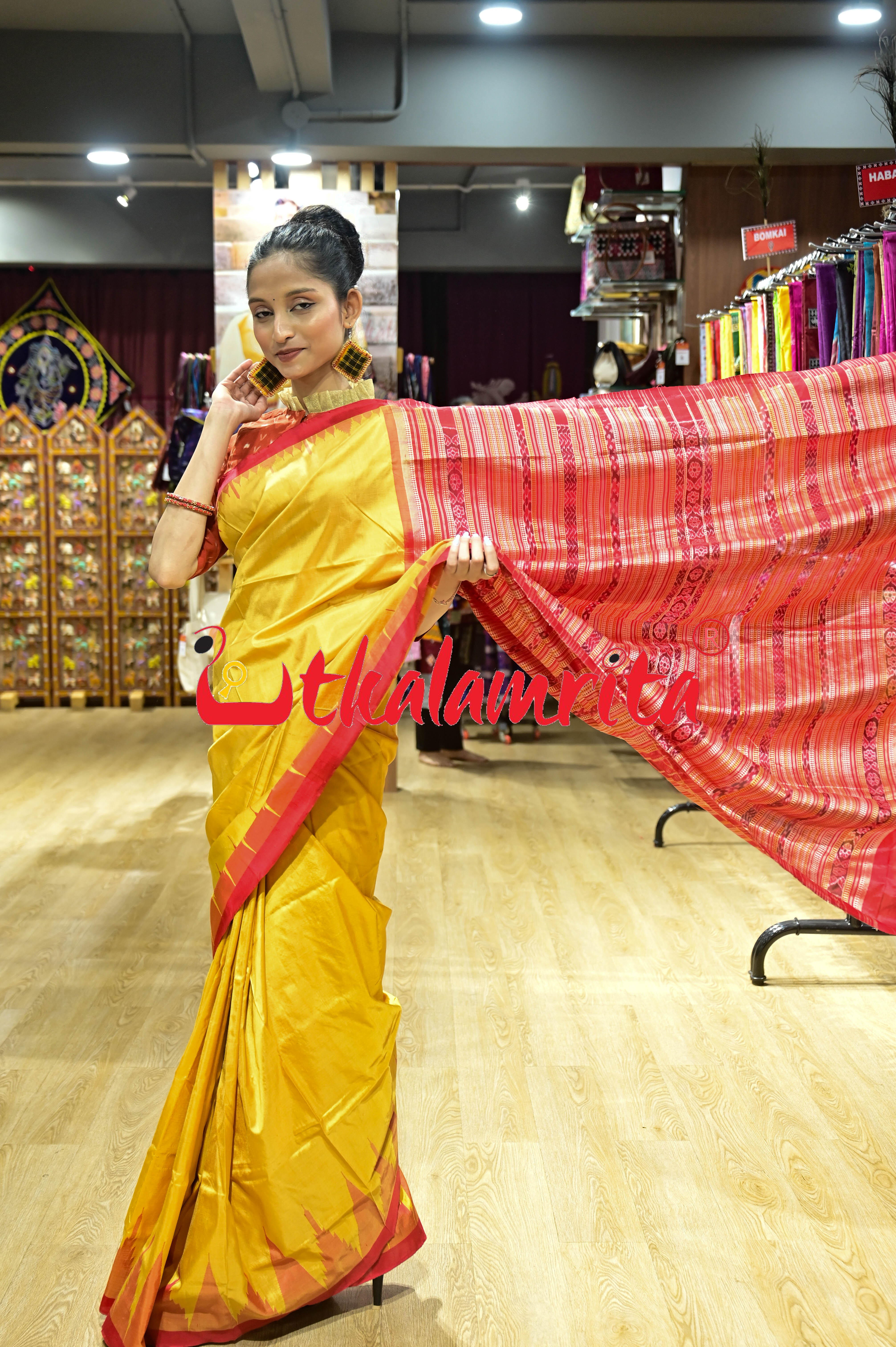 Mustard Red Hata Kumbha Sambalpuri Silk Saree