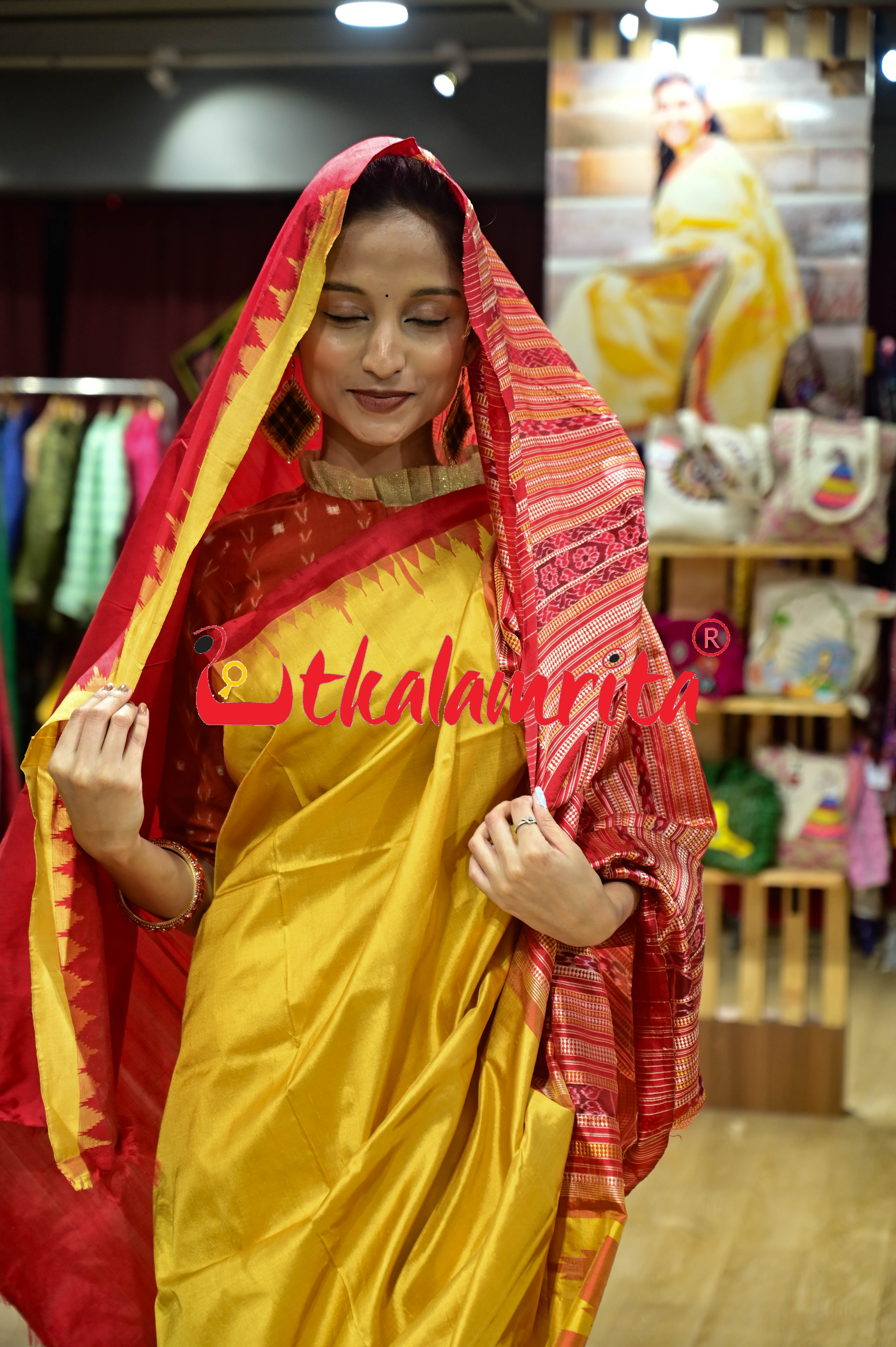 Mustard Red Hata Kumbha Sambalpuri Silk Saree