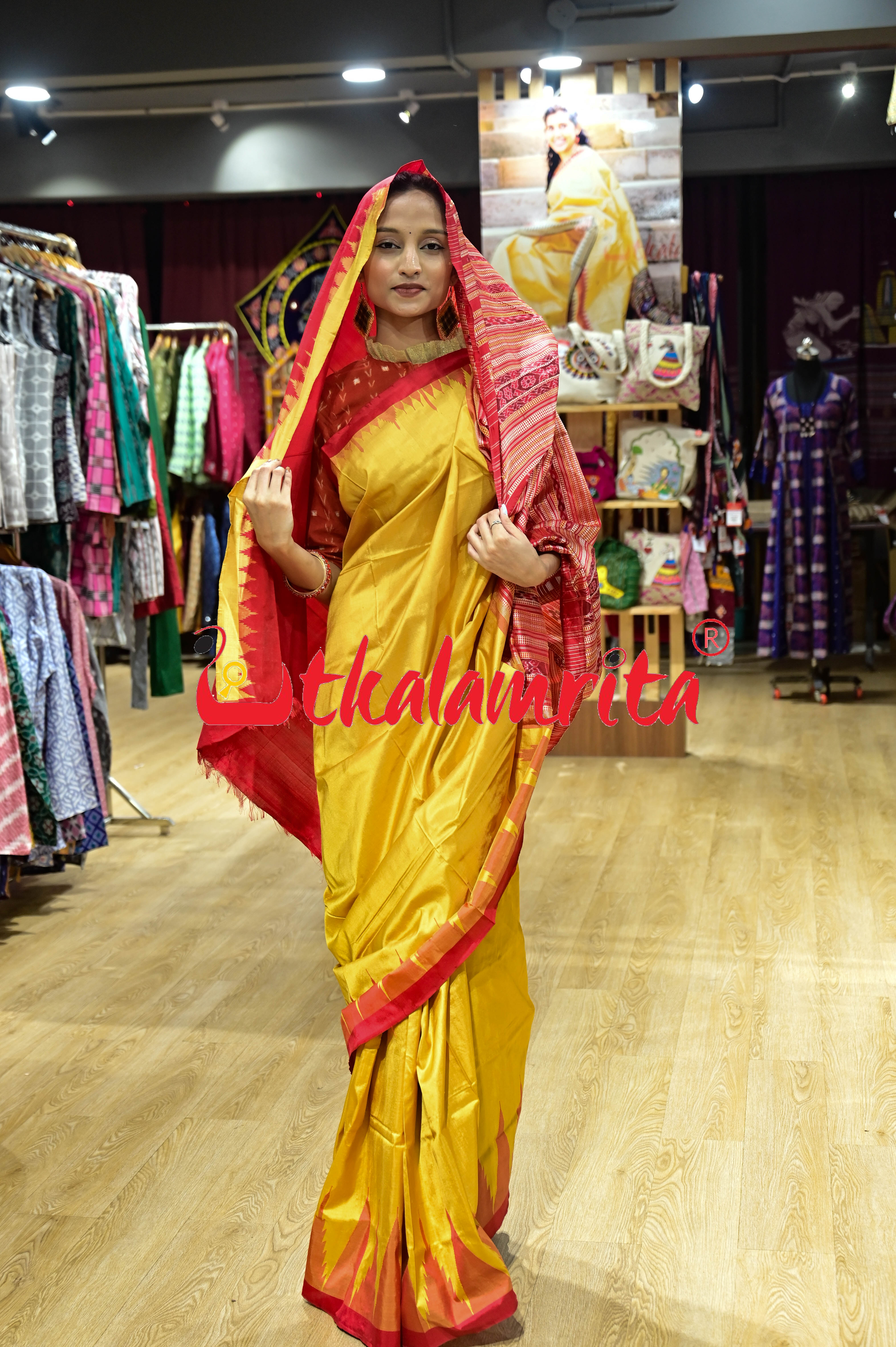 Mustard Red Hata Kumbha Sambalpuri Silk Saree