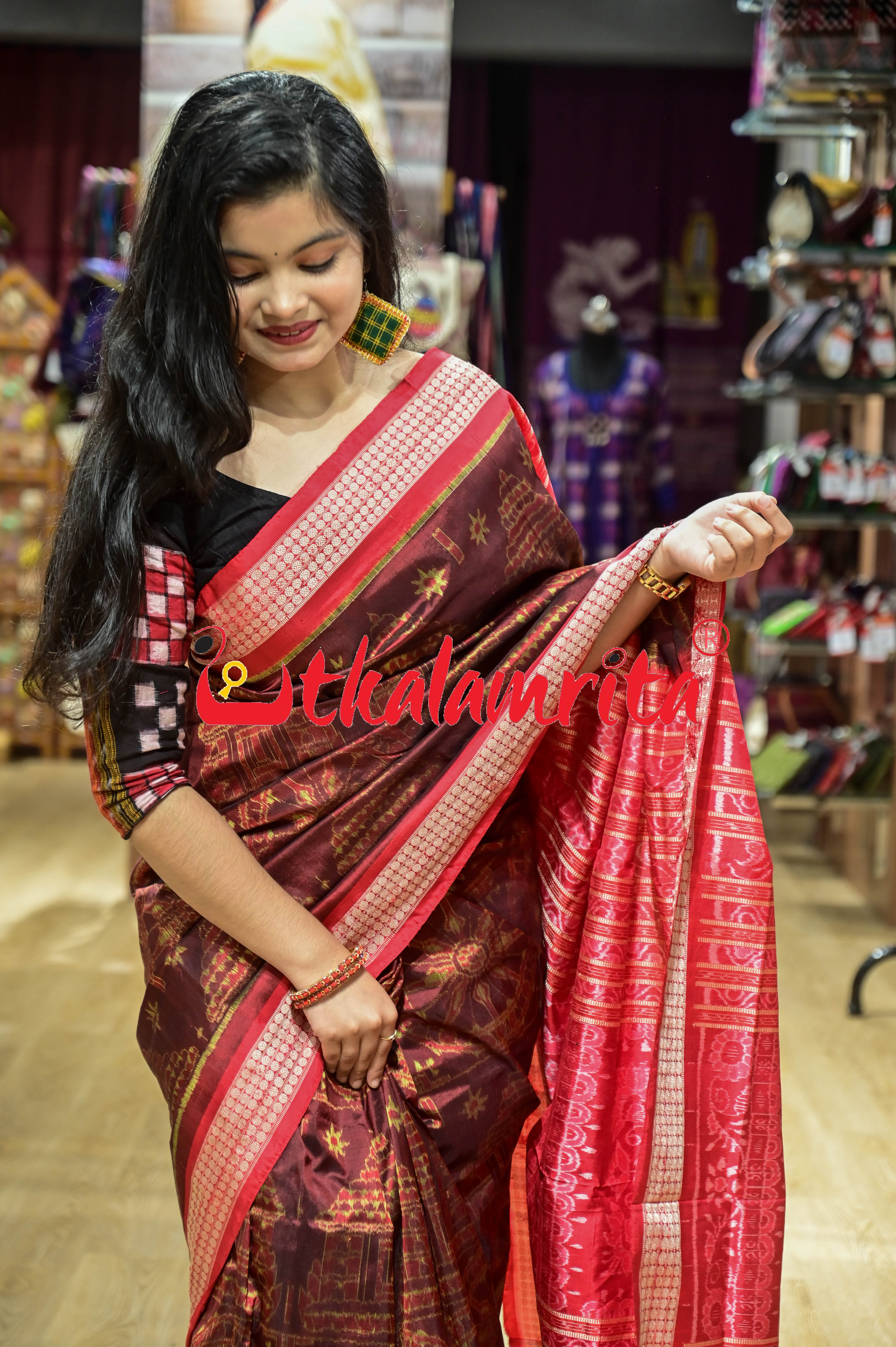 Coffee Red Konark Temple Sambalpuri Silk Saree