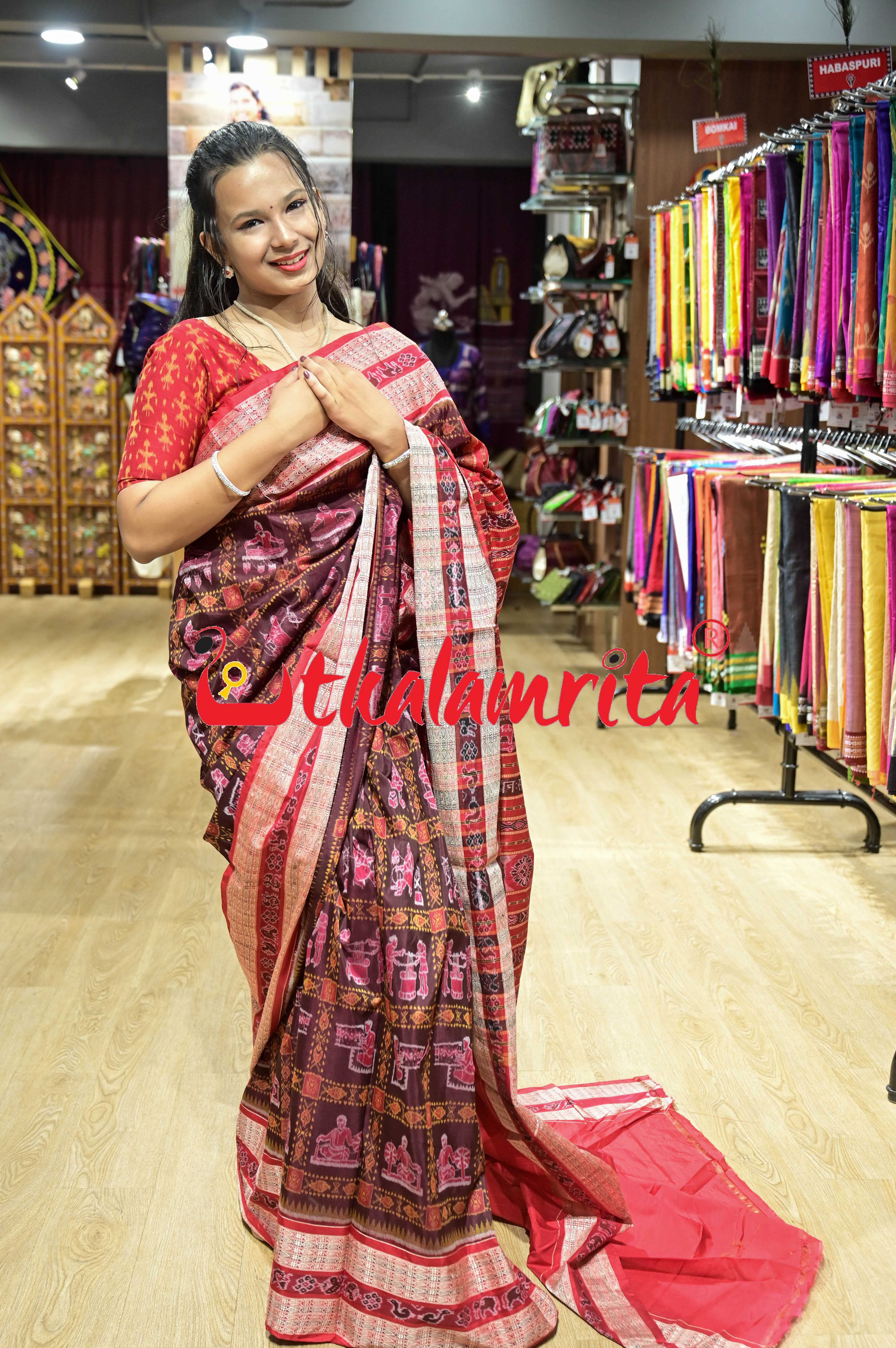 Coffee Red Tantasala Sambalpuri Bapta Saree