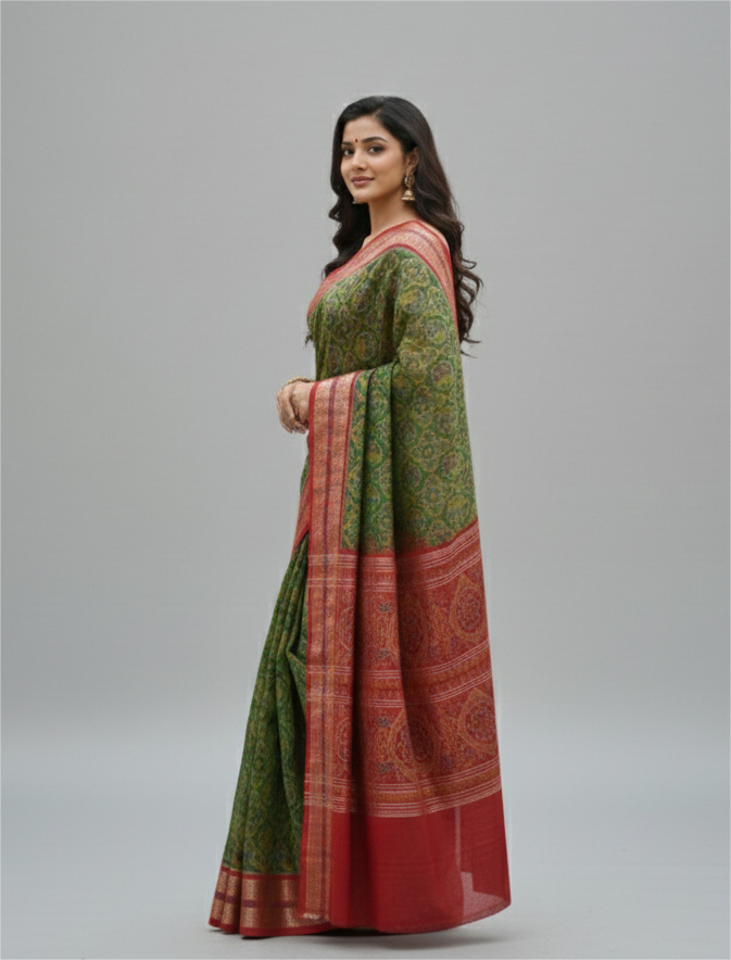 Mehndi Red Round Machha Sambalpuri Cotton Saree