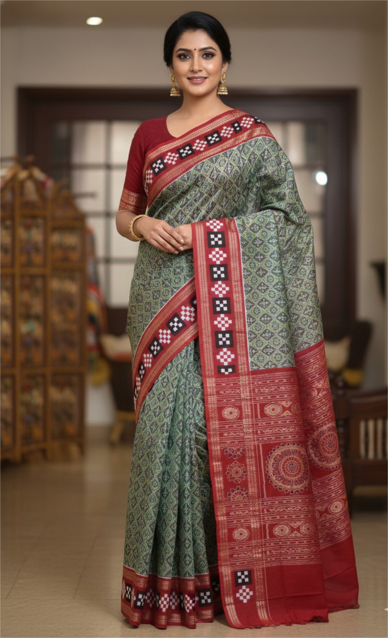 Green Red Dual Color Pasapali Border Cotton Saree
