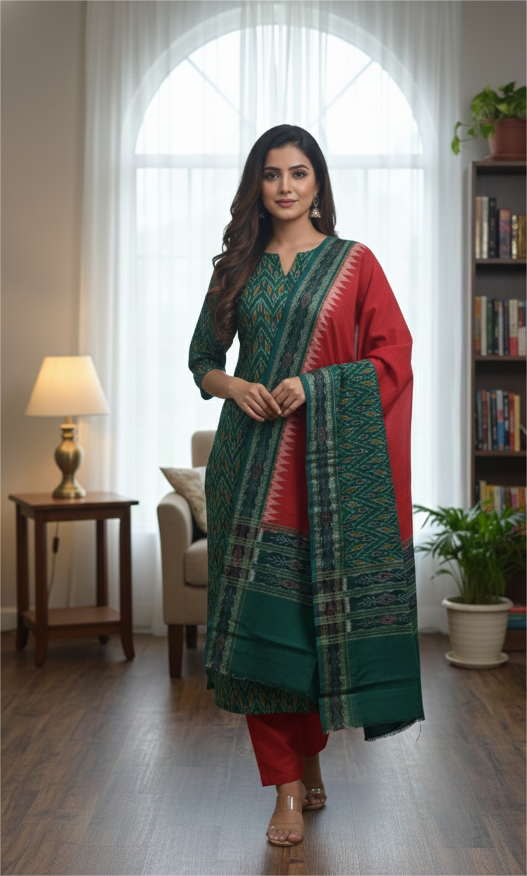 Green Red Thikiri Waves Sambalpuri Cotton Dress Set