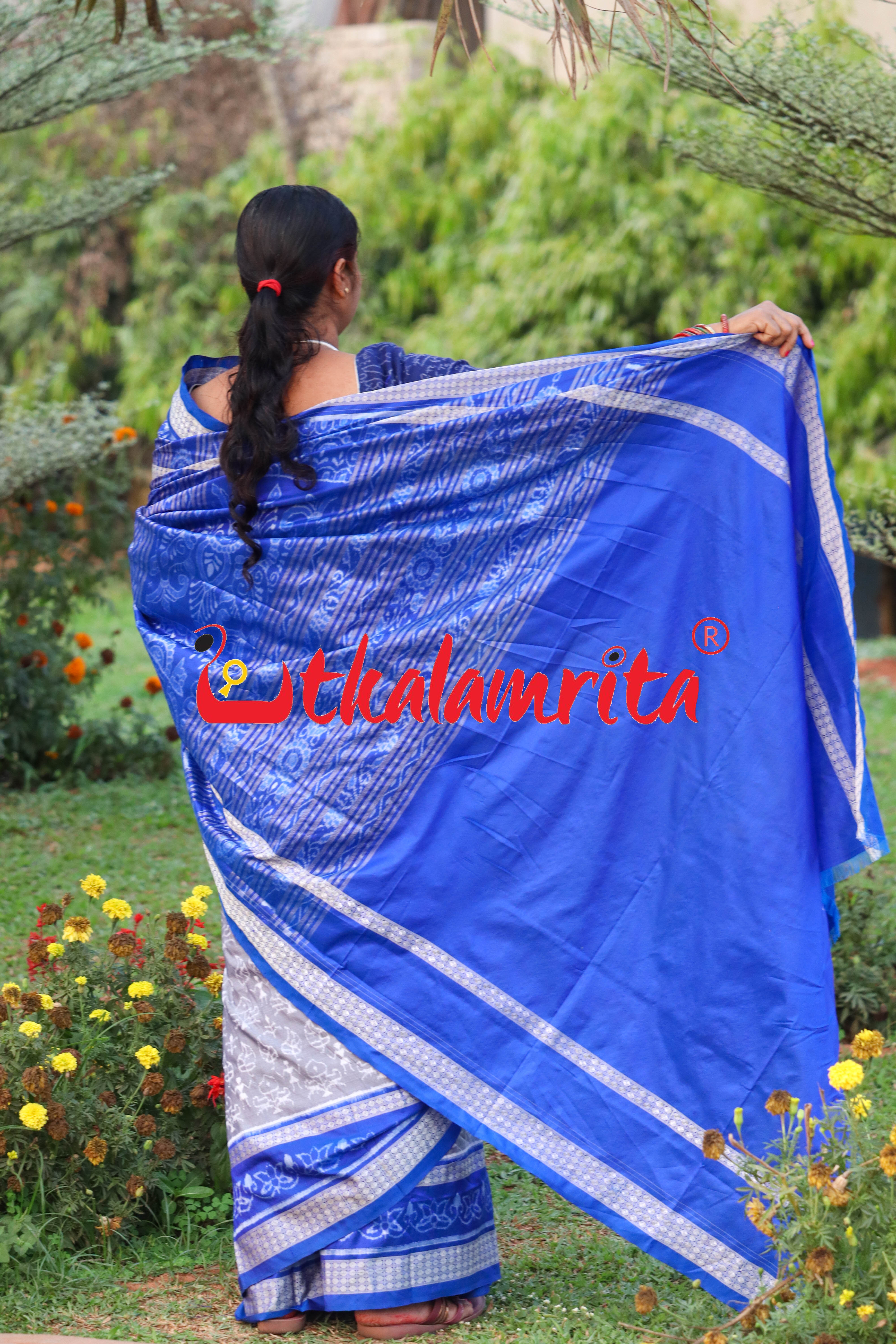 Grey Blue Leaf Lotus Sambalpuri Silk Saree