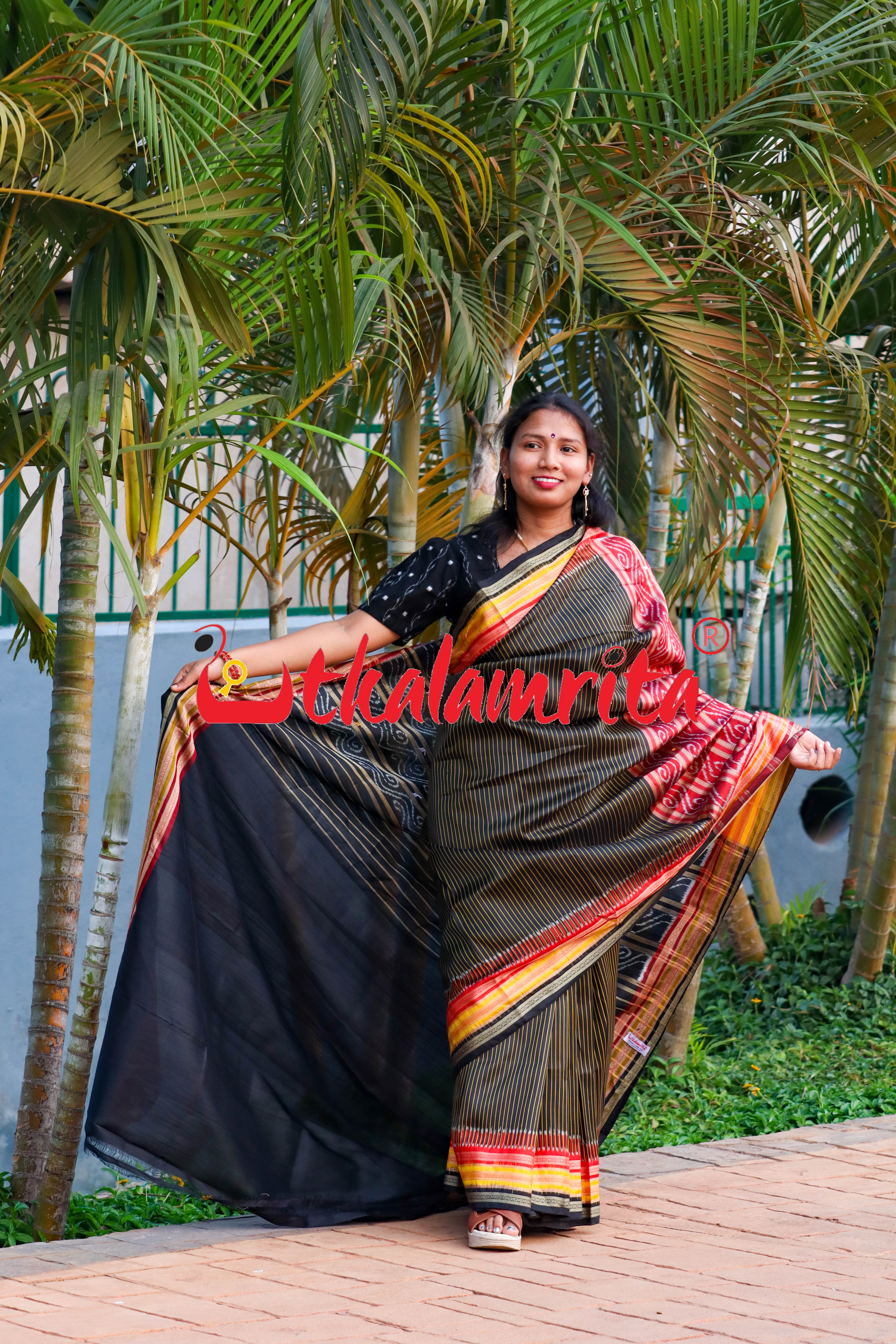 Black Body Yellow Lines Kathifera Silk saree