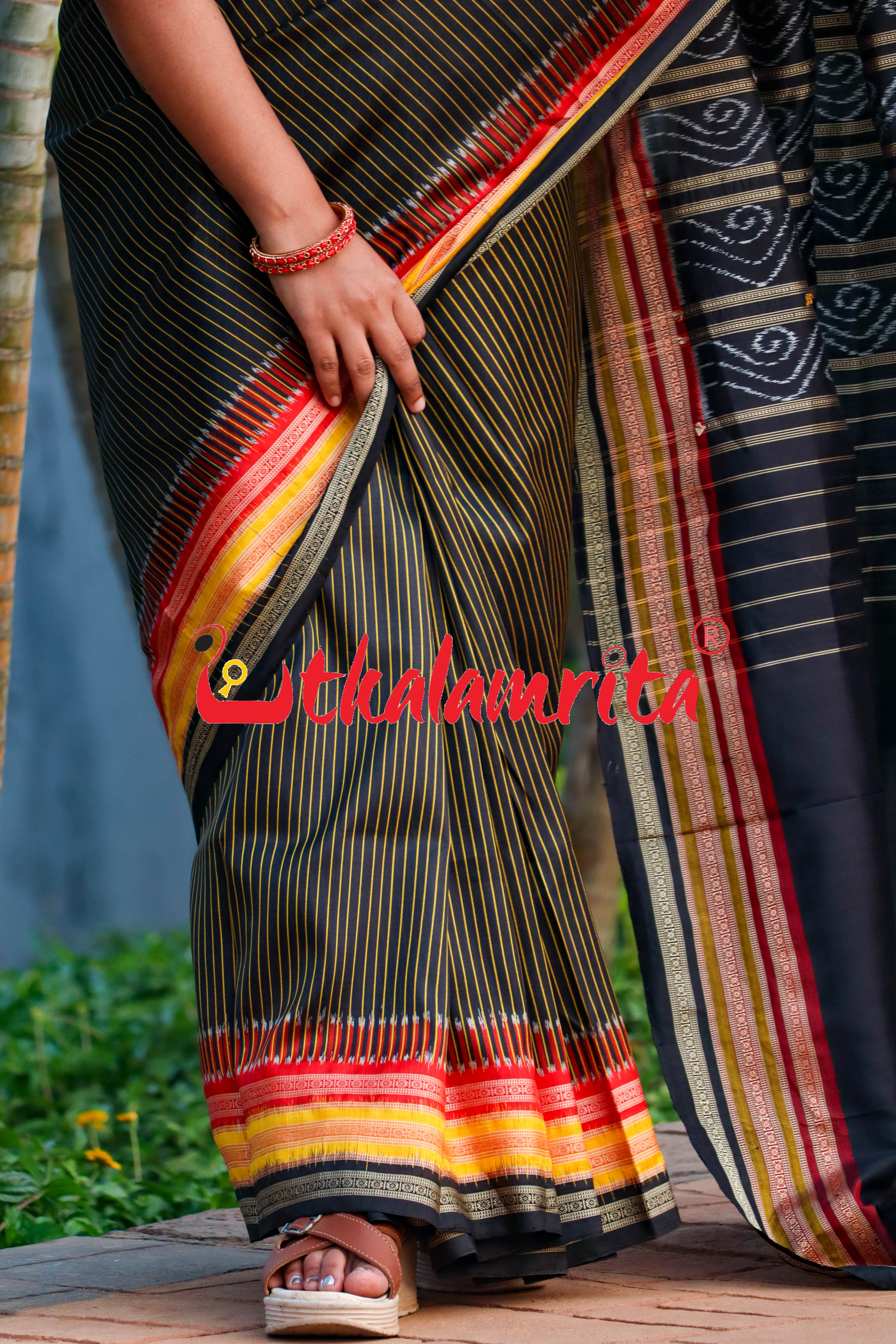 Black Body Yellow Lines Kathifera Silk saree