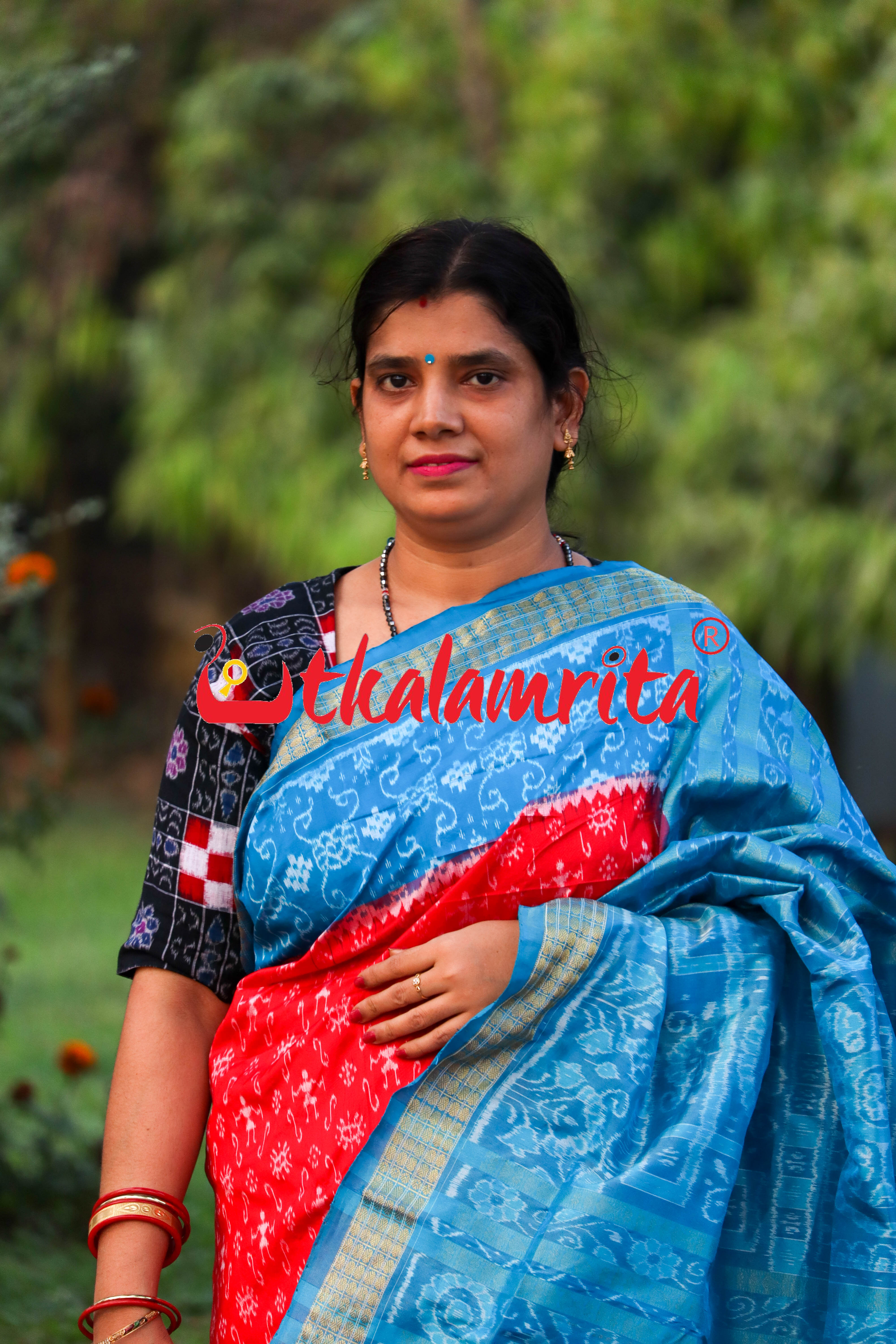 Red Blue S Tribal Half Tissue Sambalpuri Silk Saree