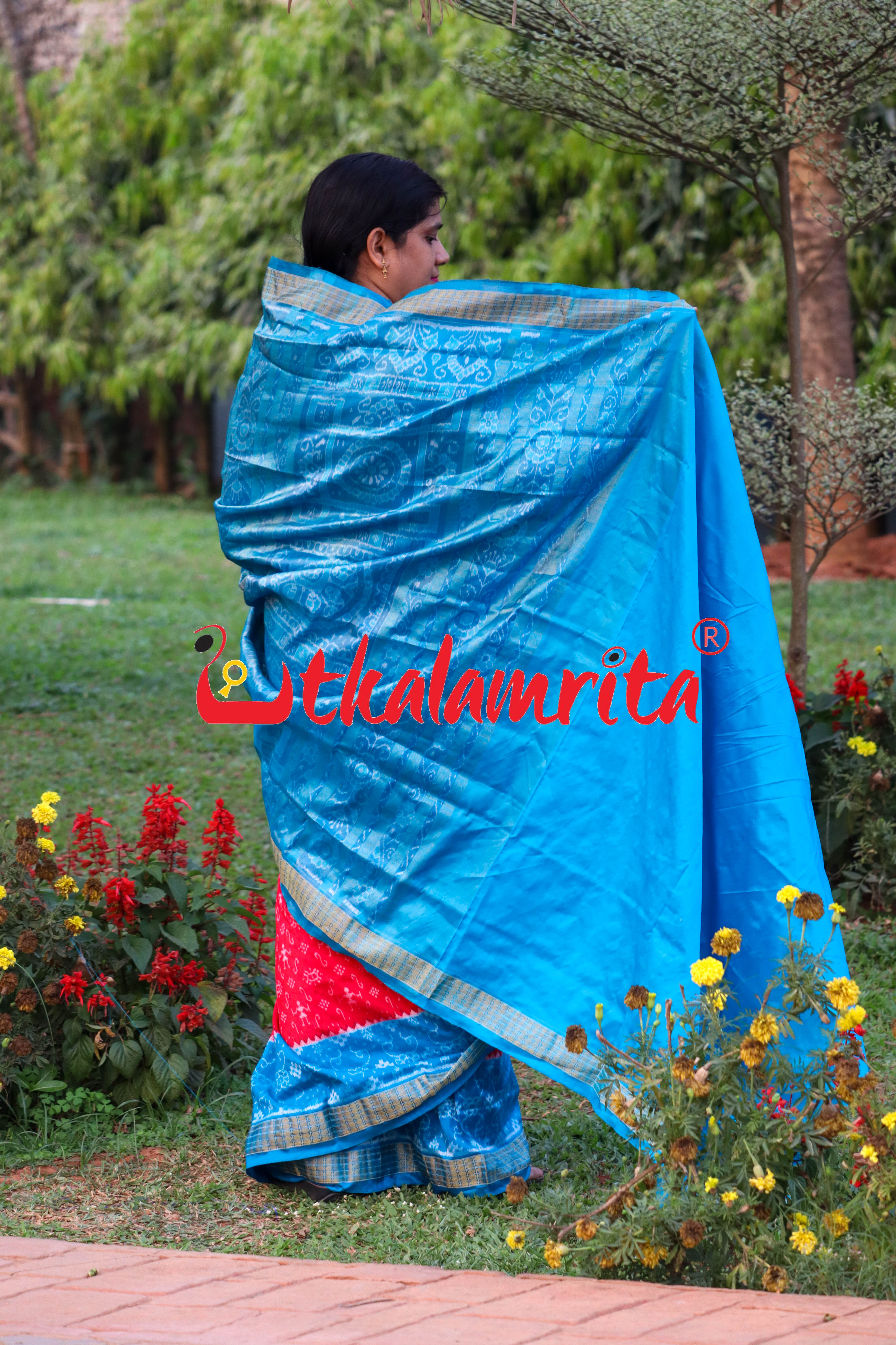 Red Blue S Tribal Half Tissue Sambalpuri Silk Saree