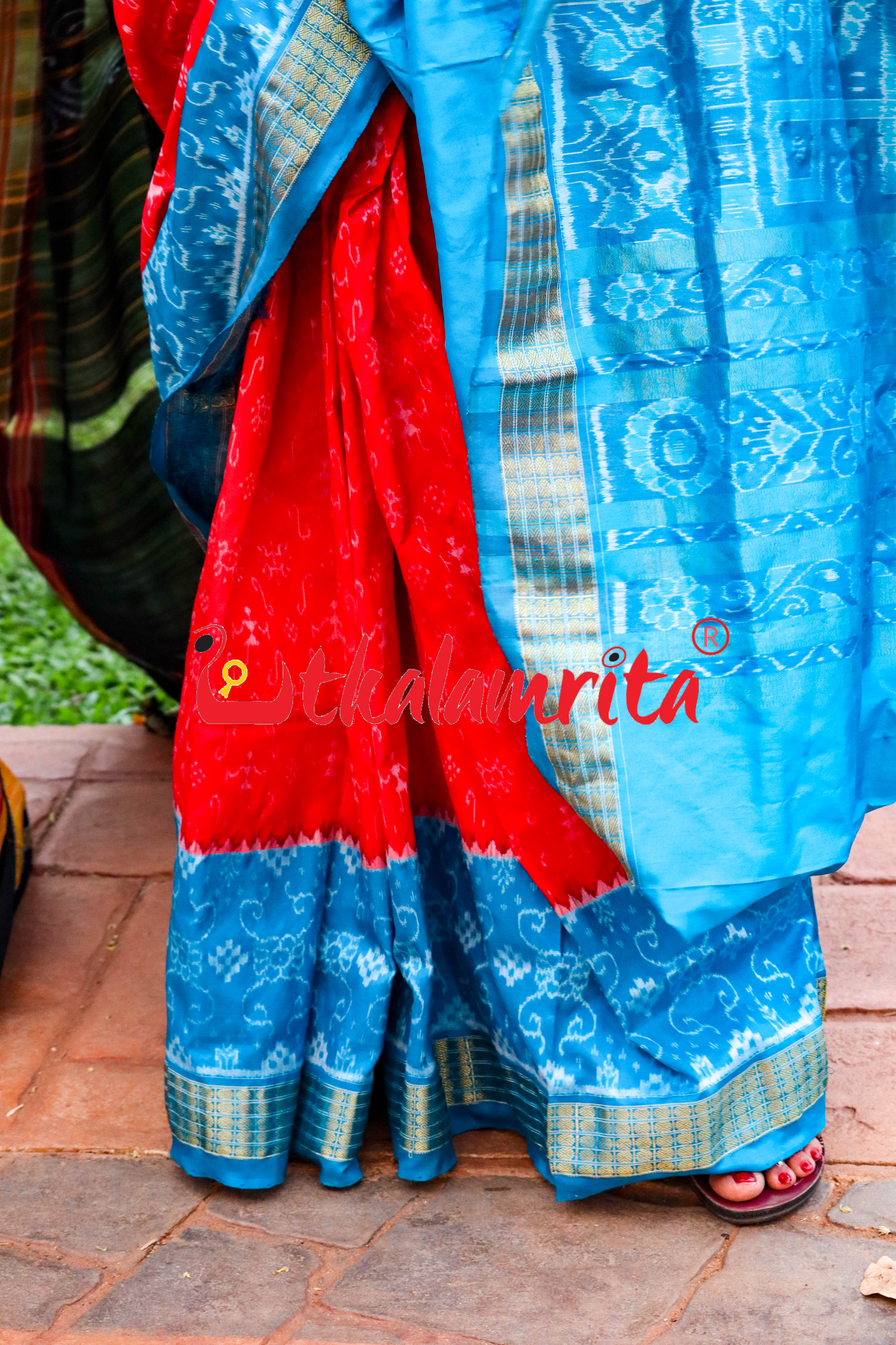 Red Blue S Tribal Half Tissue Sambalpuri Silk Saree