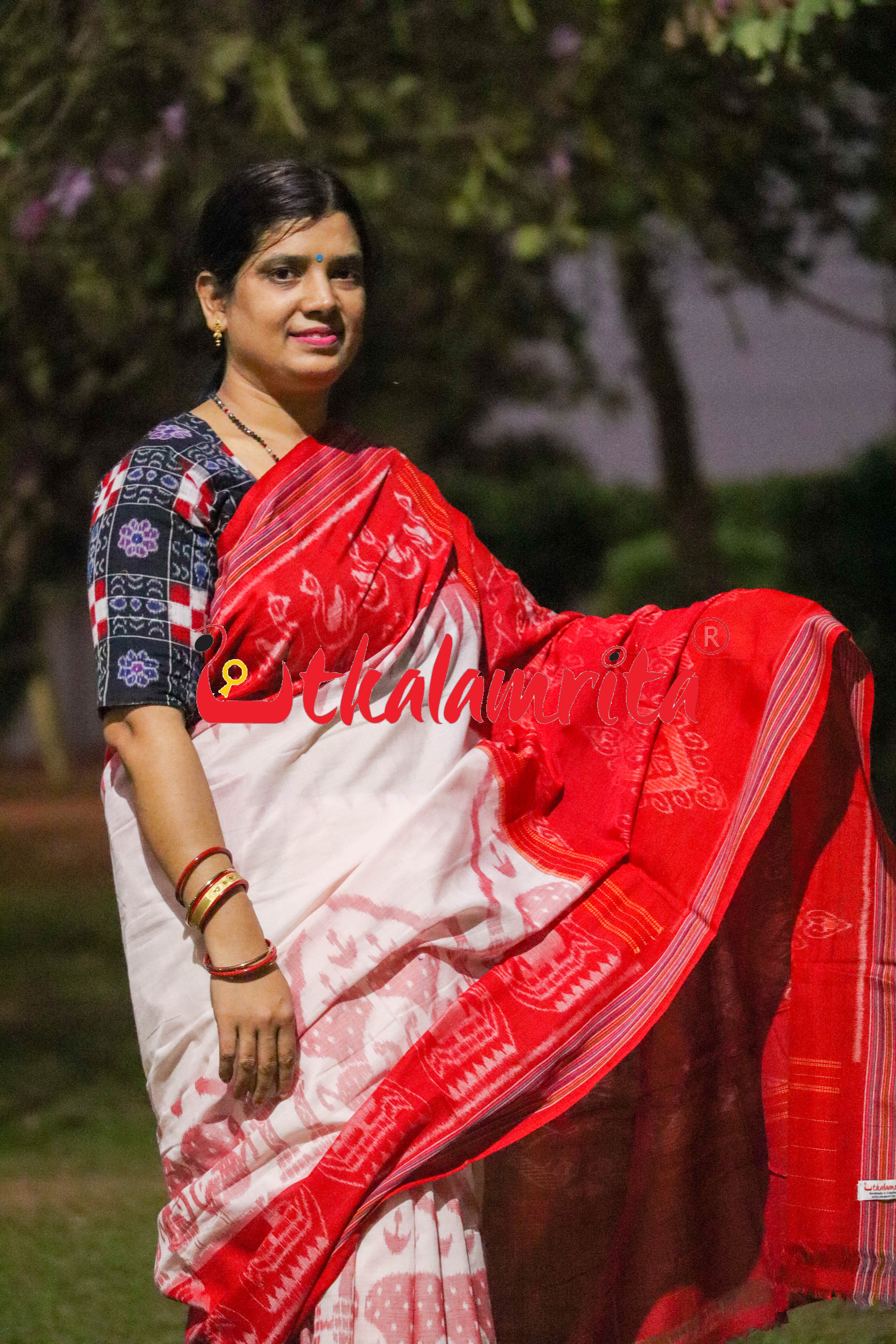 White Red Traditional Design Khandua Cotton Saree