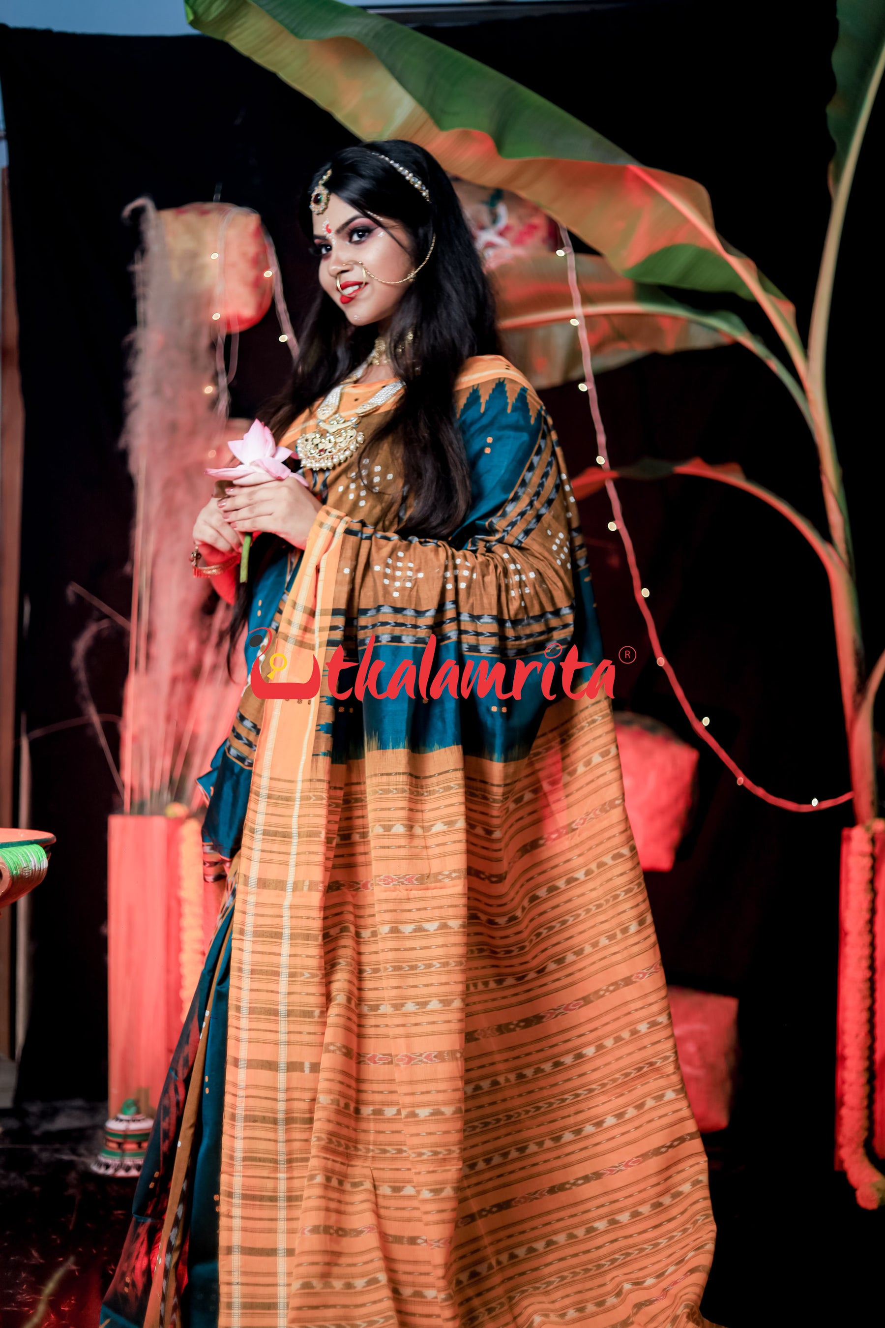 Bottle Green Yellow Taj Mahal Bapta Saree