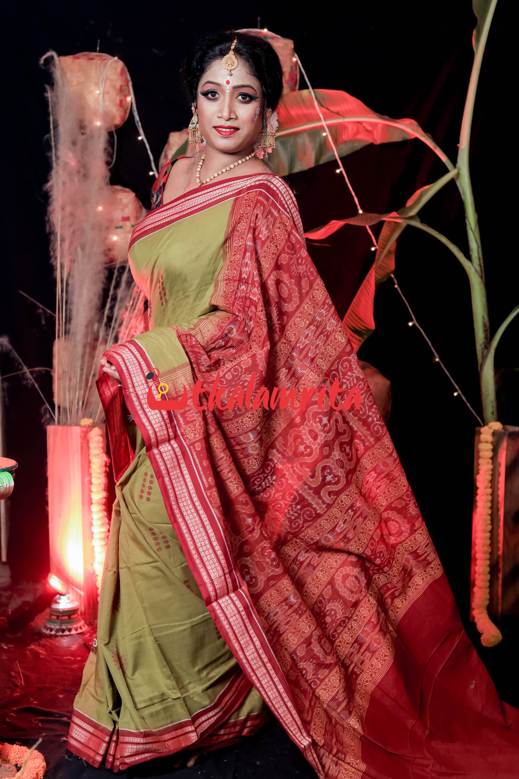 Mehndi Maroon Padam Bomkai Cotton Saree