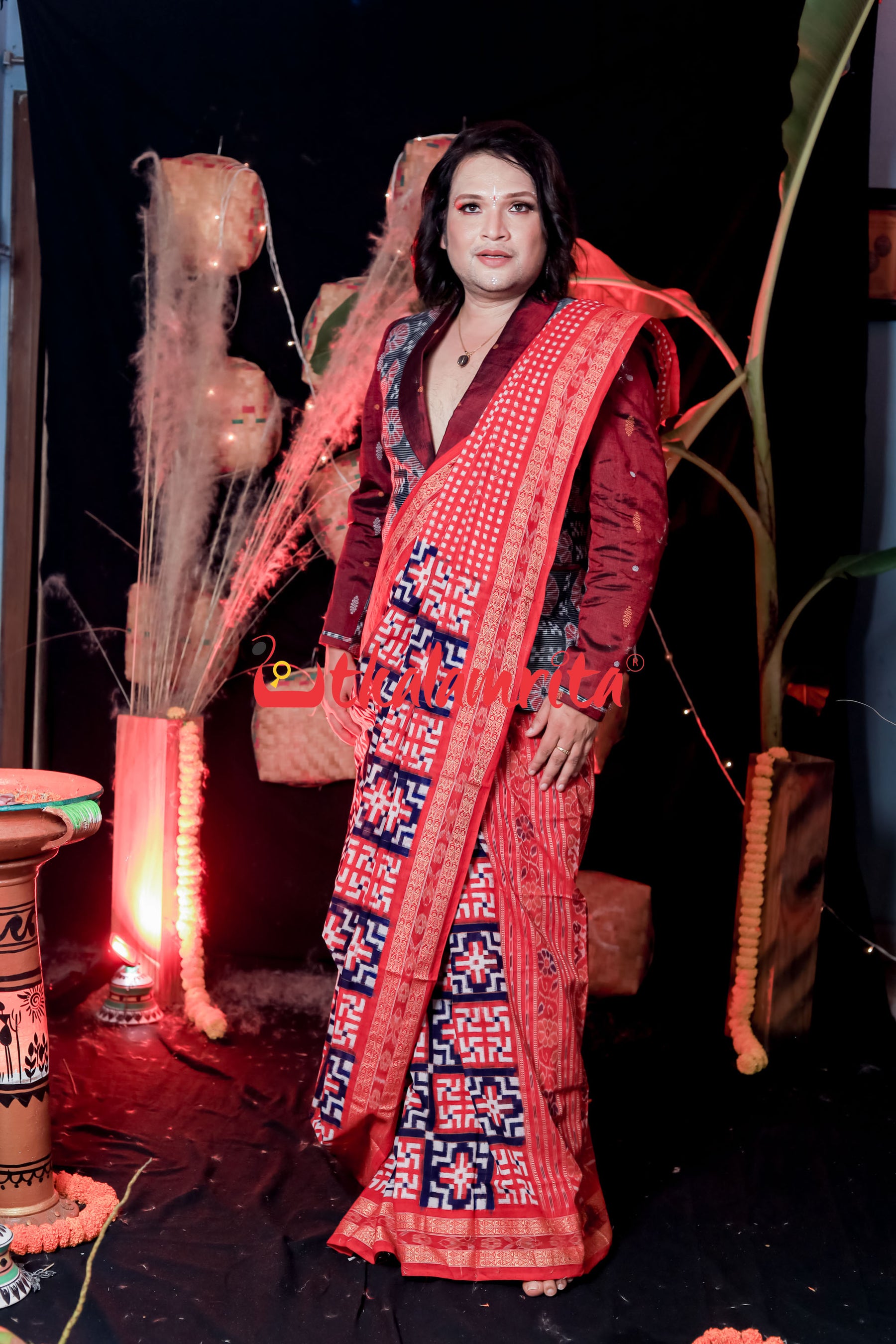 Swastik Red Blue White Sambalpuri Cotton Saree