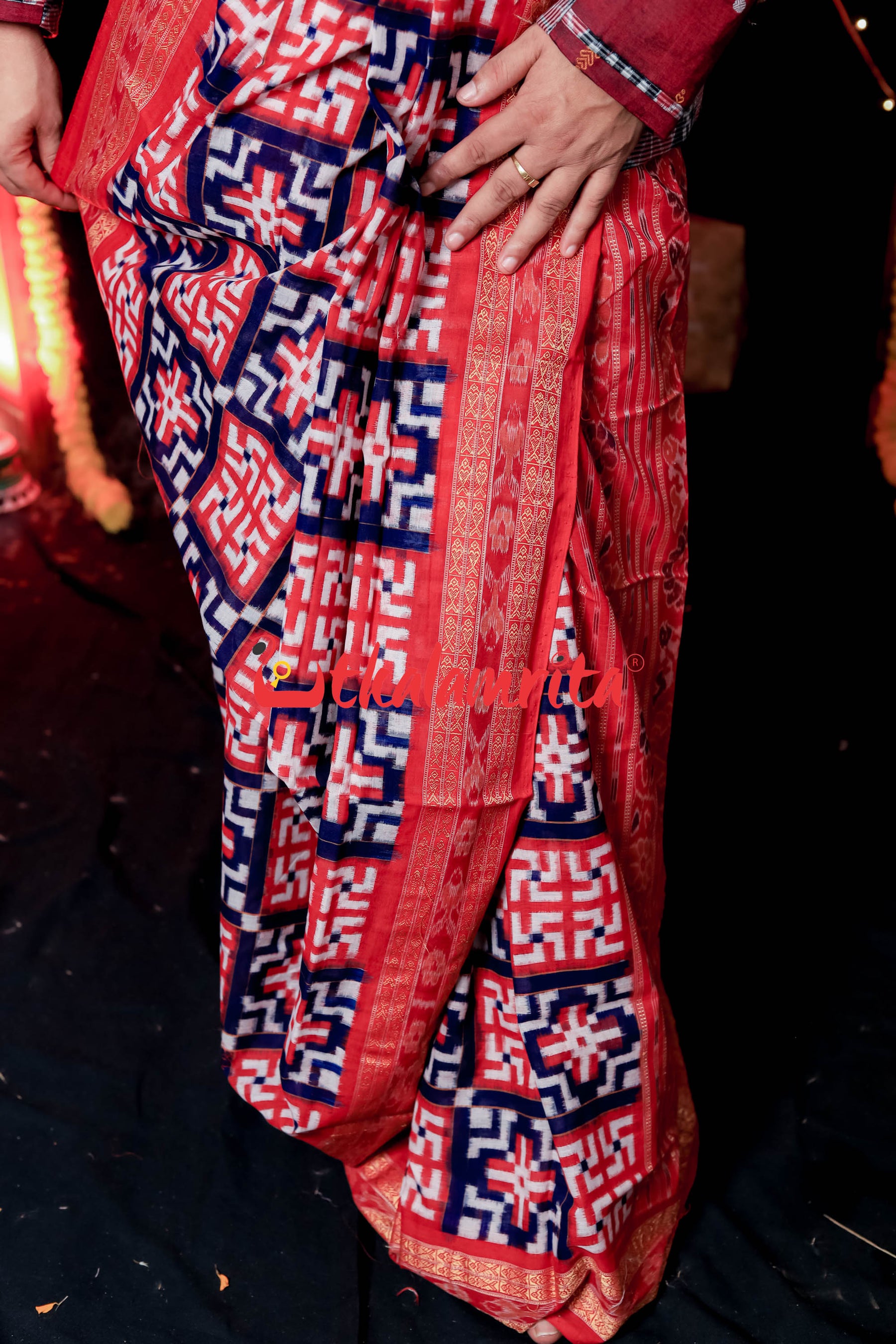 Swastik Red Blue White Sambalpuri Cotton Saree