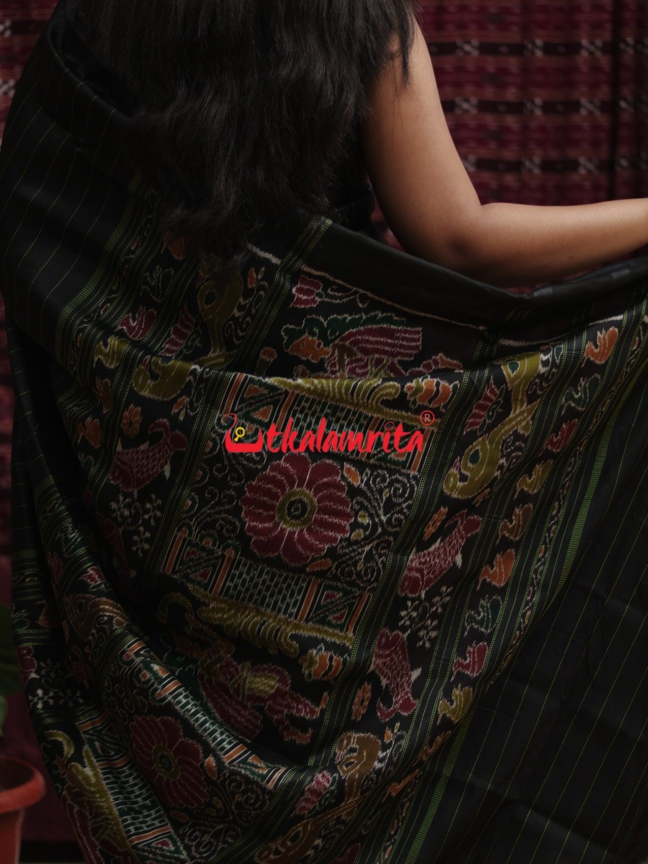Self Unchuda Black Green Khandua Silk Saree