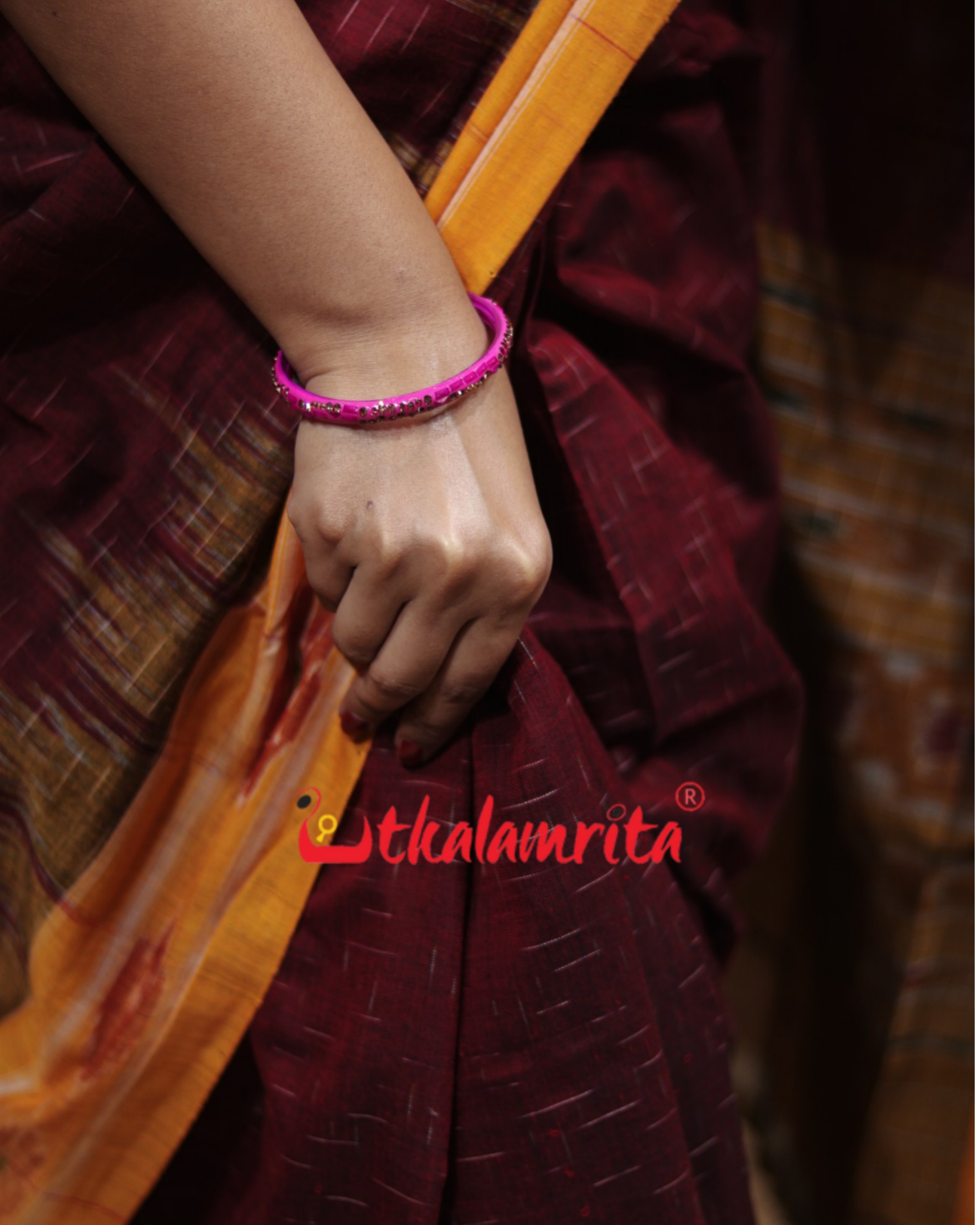 Maroon Mustard Jharana Khandua Cotton Saree