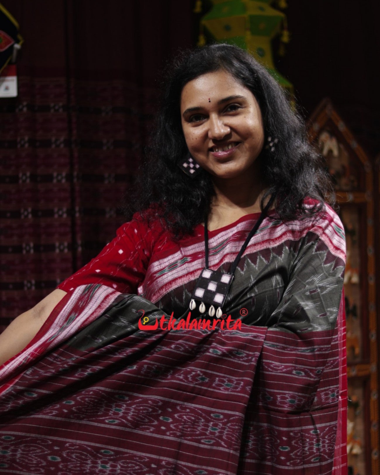Olive Green with Maroon Cloves Khandua Cotton Saree