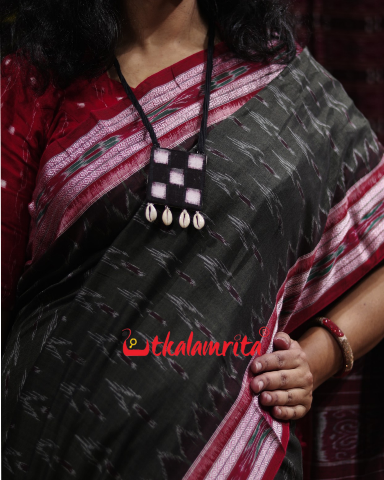 Olive Green with Maroon Cloves Khandua Cotton Saree