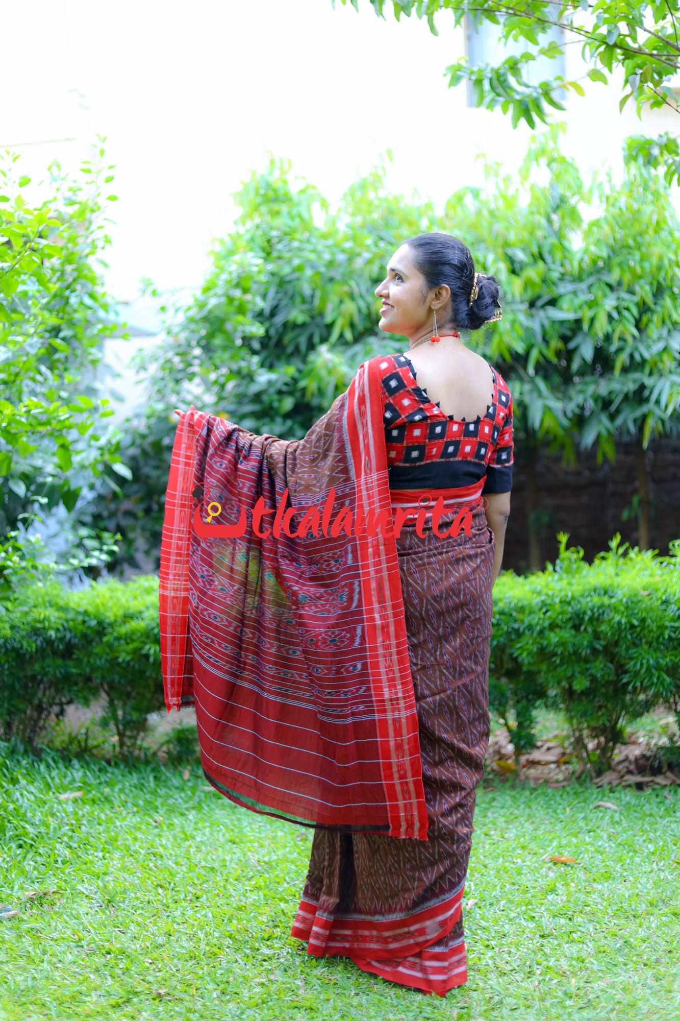 Golden Brown Red Tiny Flowers Saree