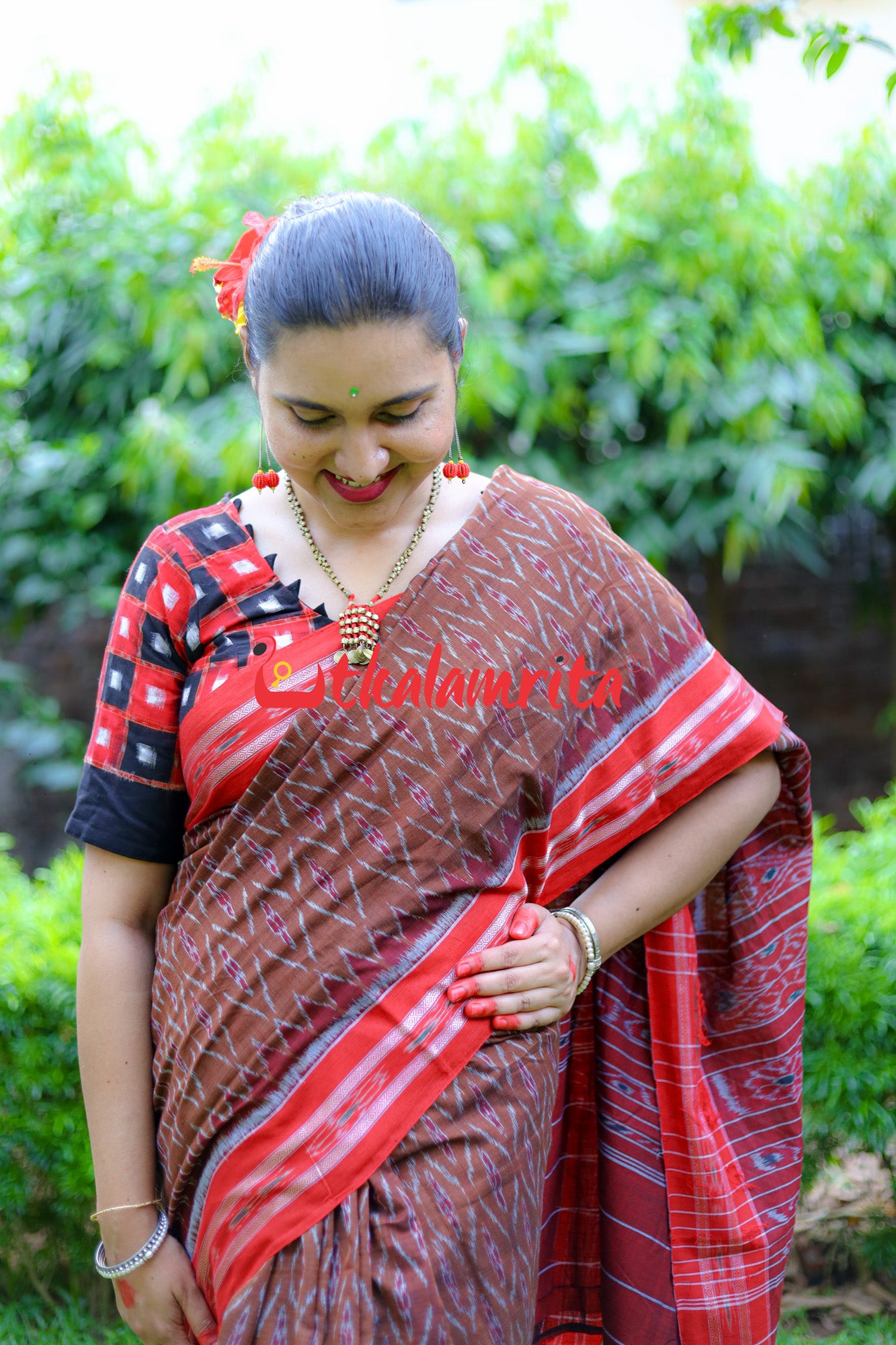 Golden Brown Red Tiny Flowers Saree