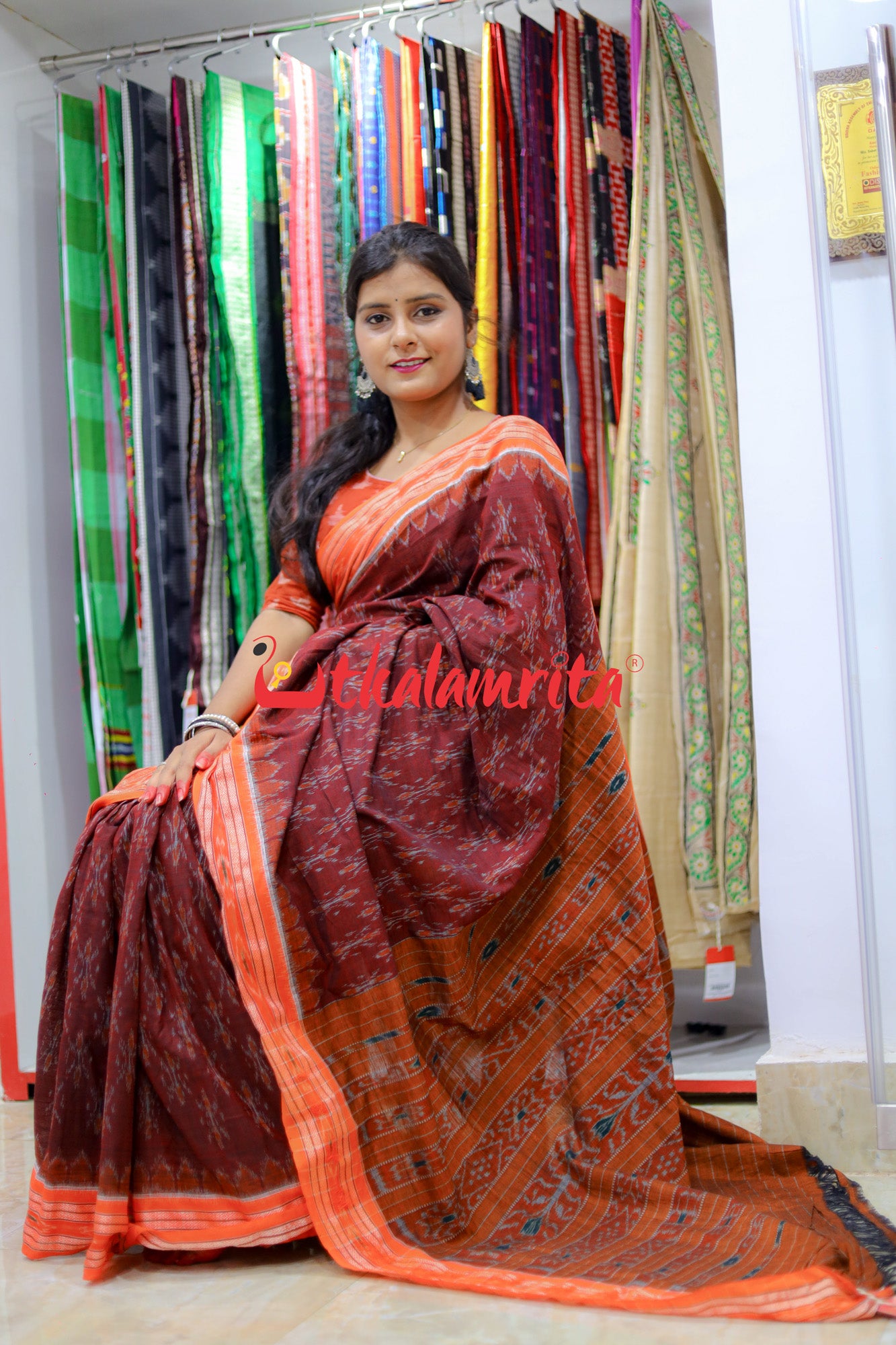 Maroon Orange Damru saree