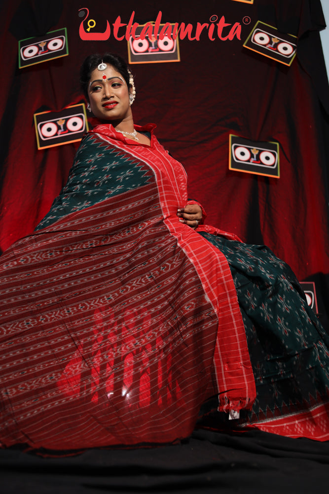 Bottle Green Damru Khandua Pasapali Border Cotton Saree