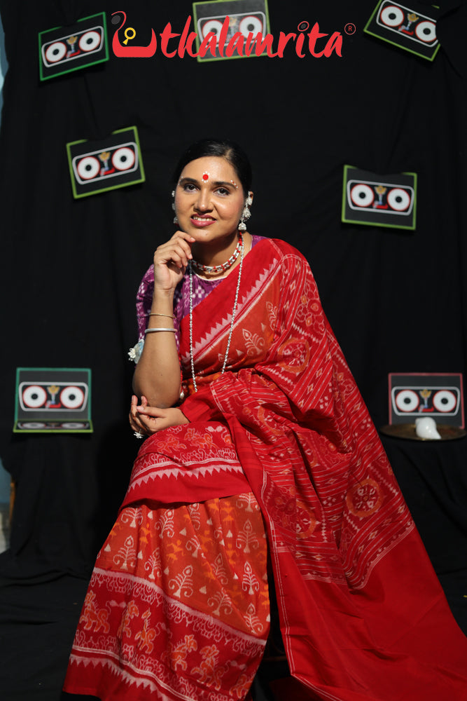 Lion Border Brown Red Sambalpuri Cotton Saree