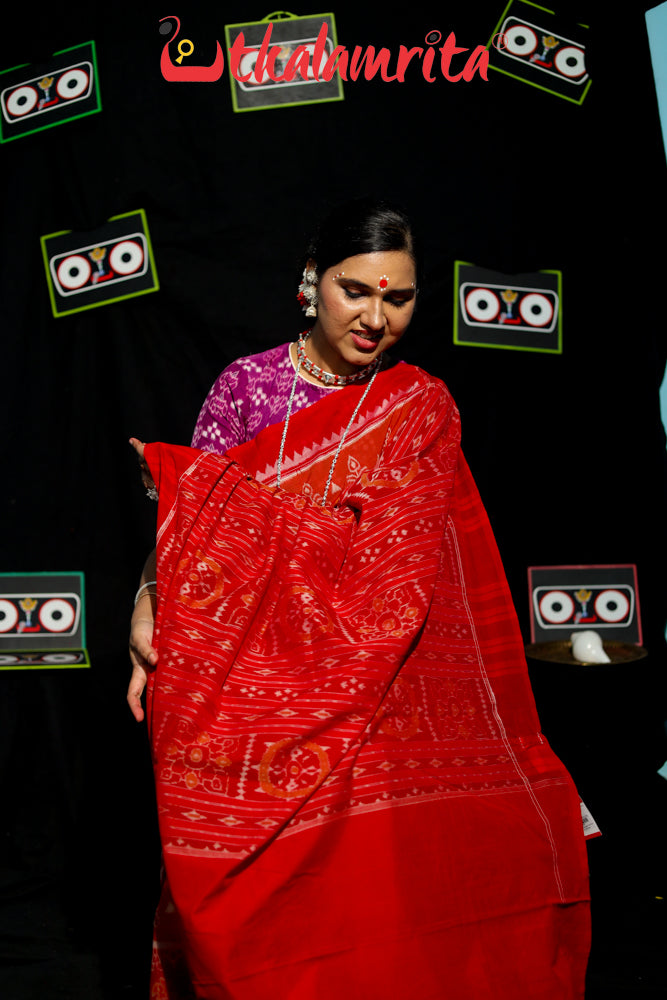 Lion Border Brown Red Sambalpuri Cotton Saree
