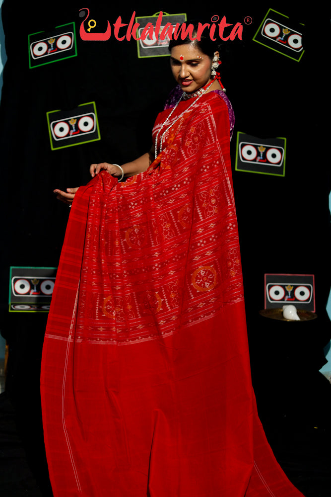 Lion Border Brown Red Sambalpuri Cotton Saree