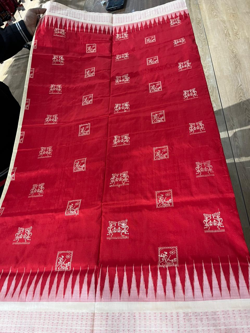 Red Cream Box Tribal Bomkai Silk Saree