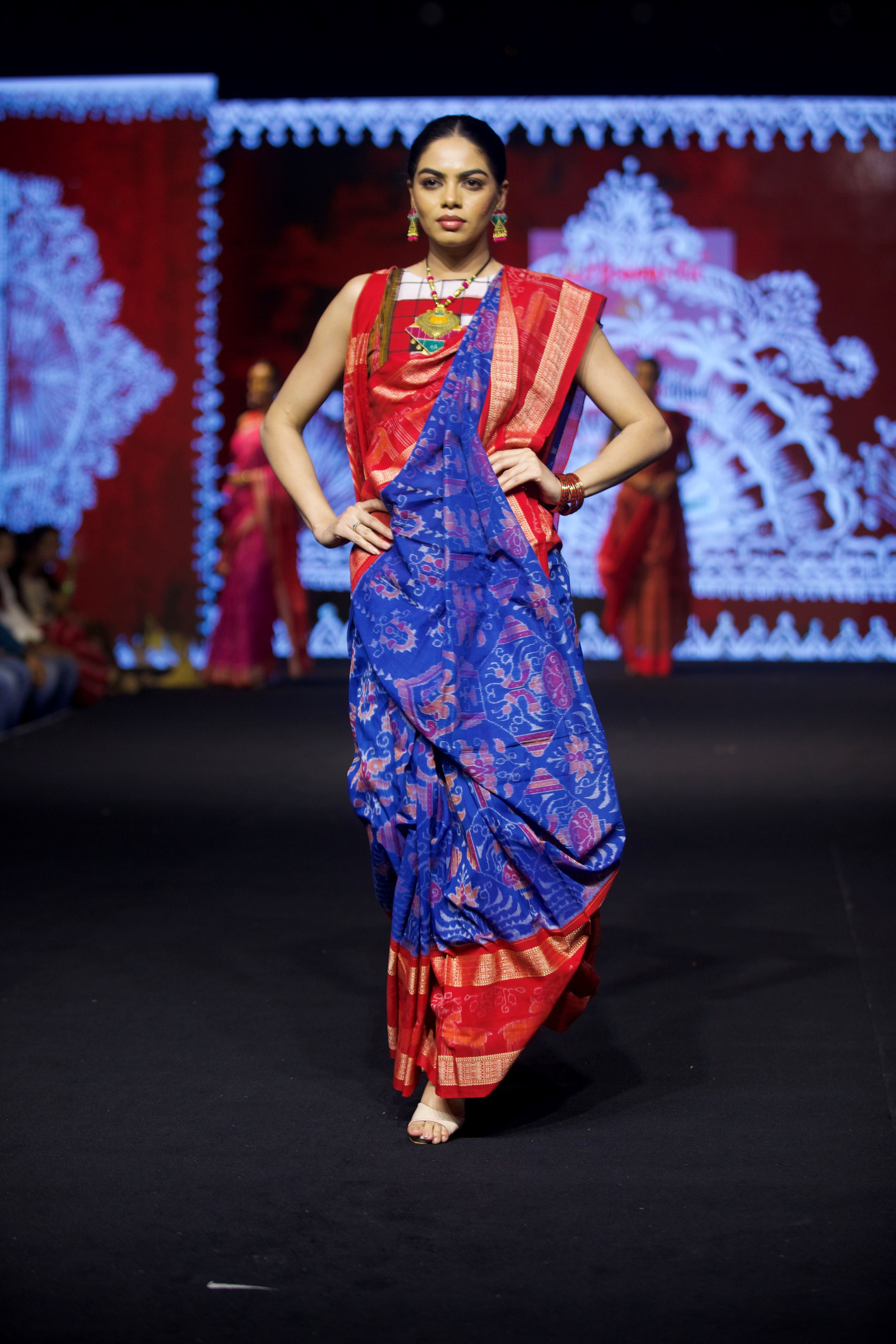 Blue Red Sankha Sambalpuri Cotton Saree