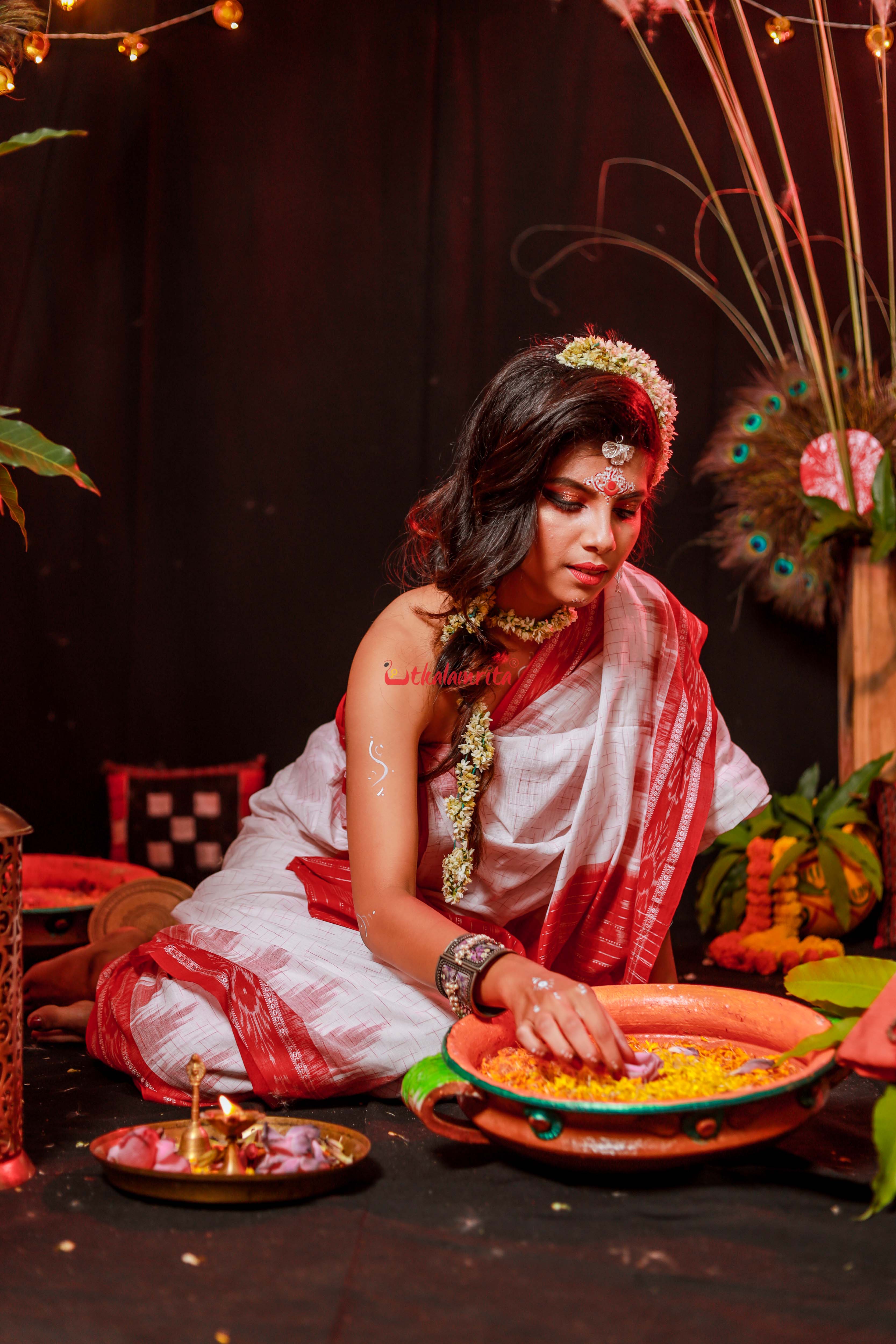 White Red Jharana Saree