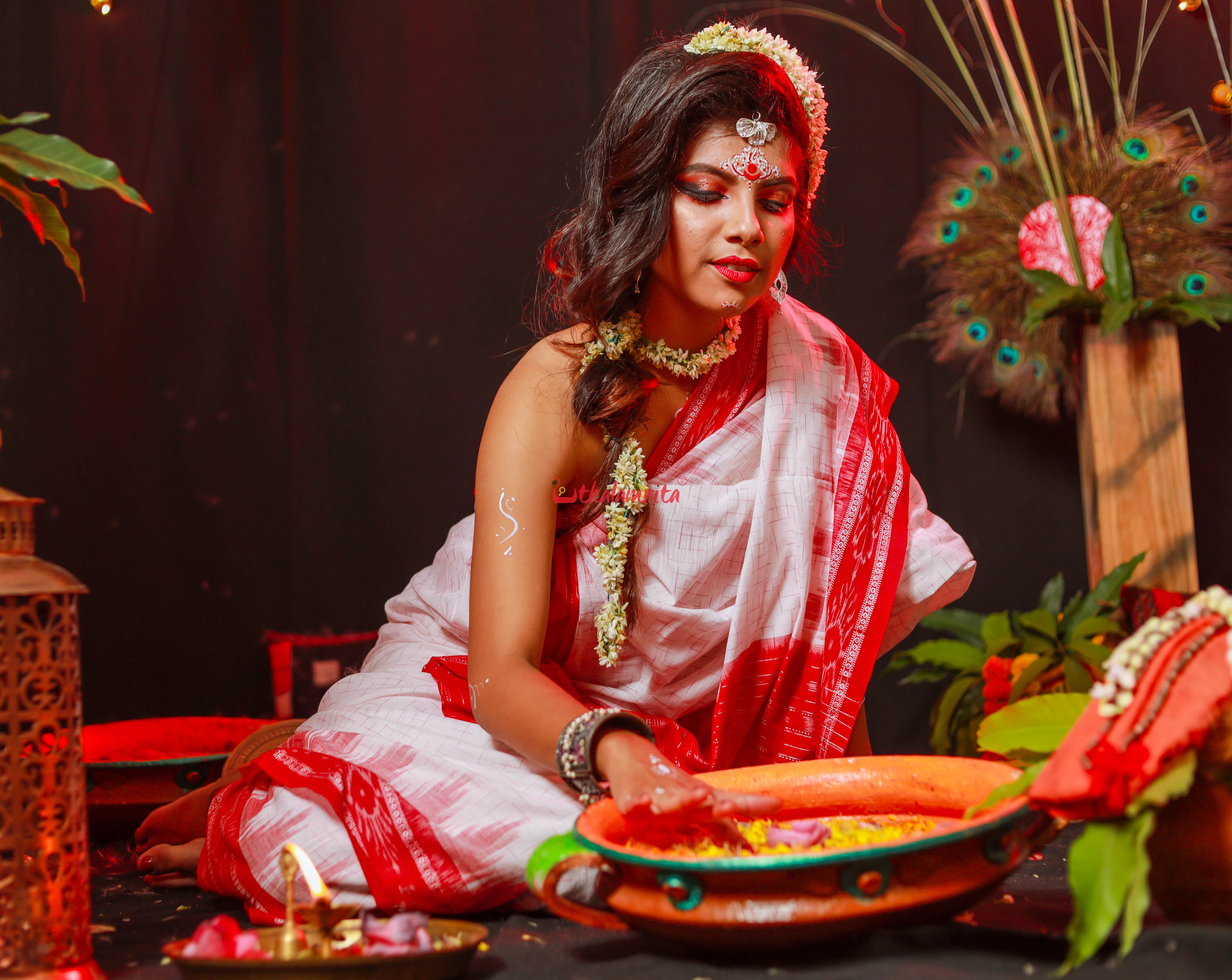 White Red Jharana Saree