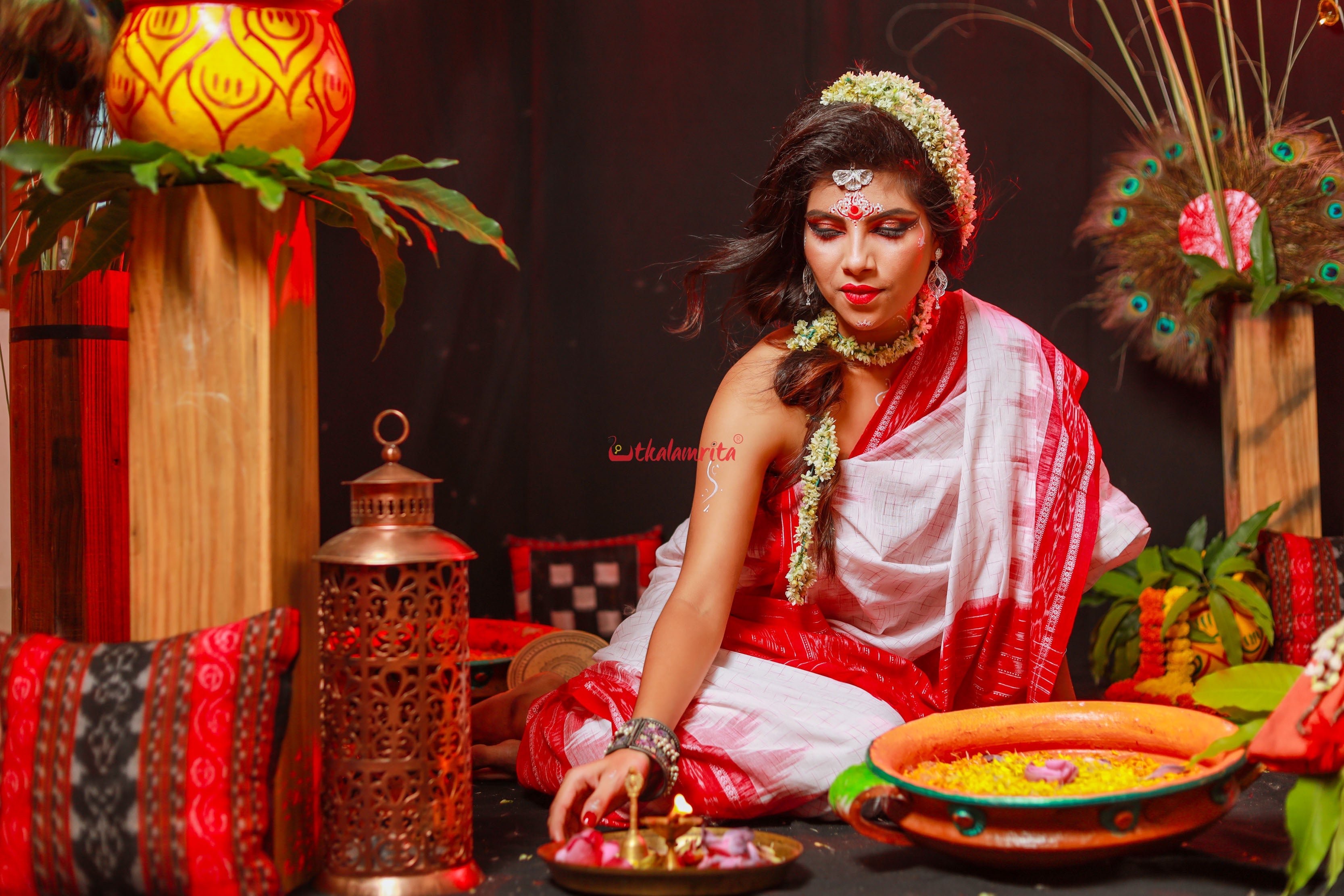 White Red Jharana Saree