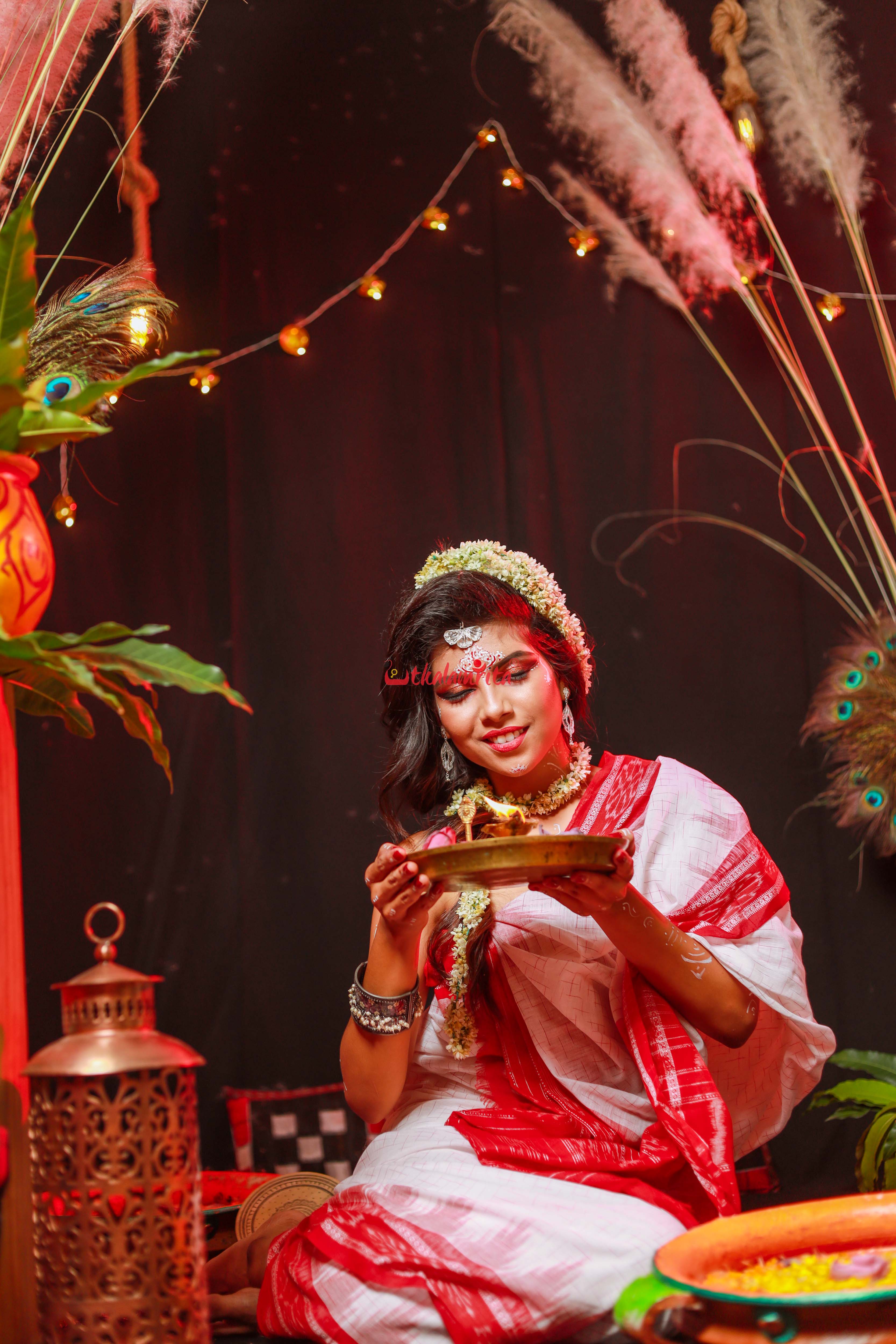 White Red Jharana Saree
