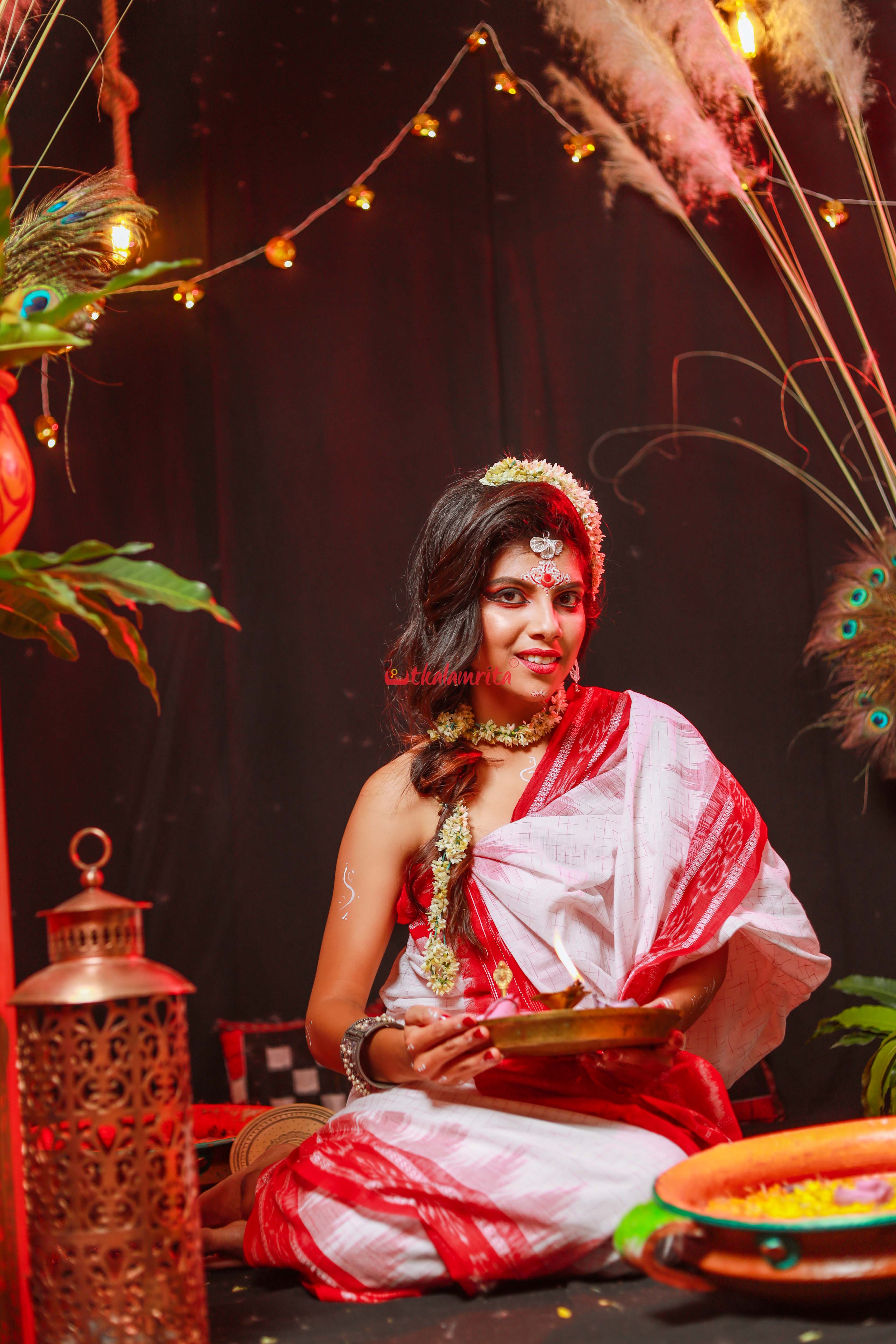 White Red Jharana Saree
