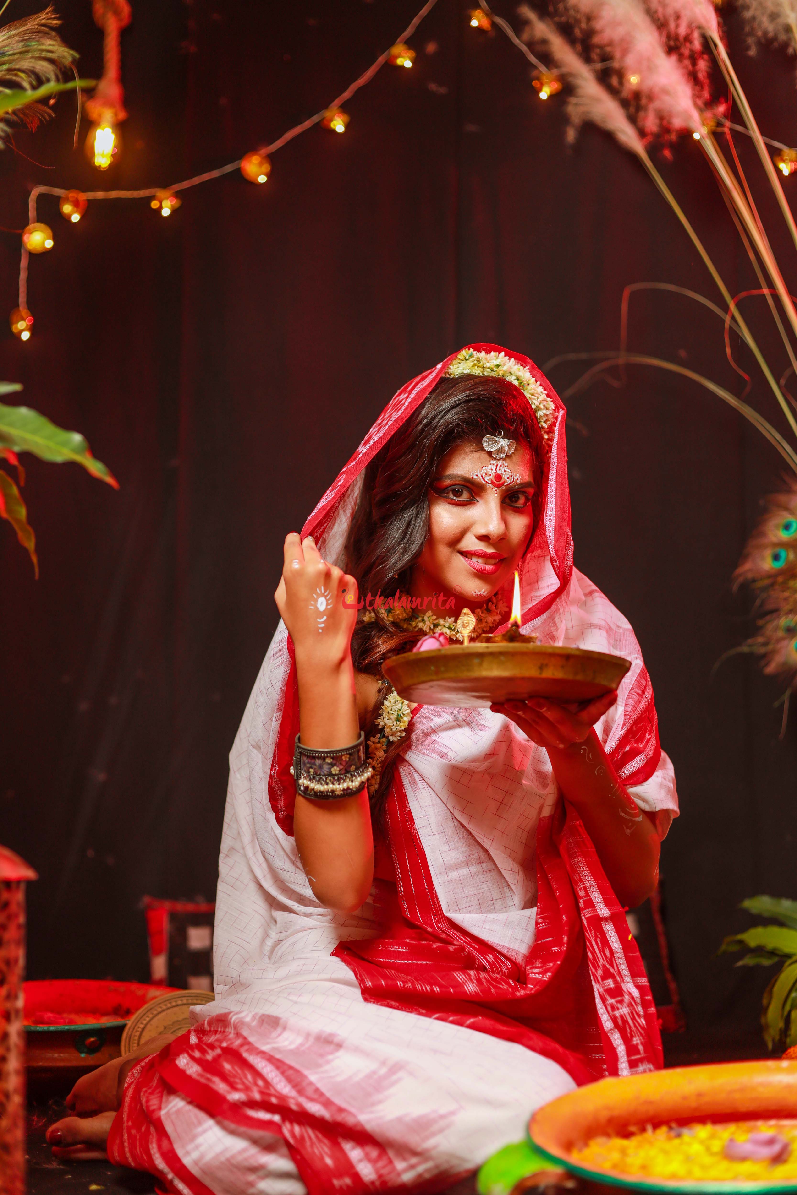 White Red Jharana Saree
