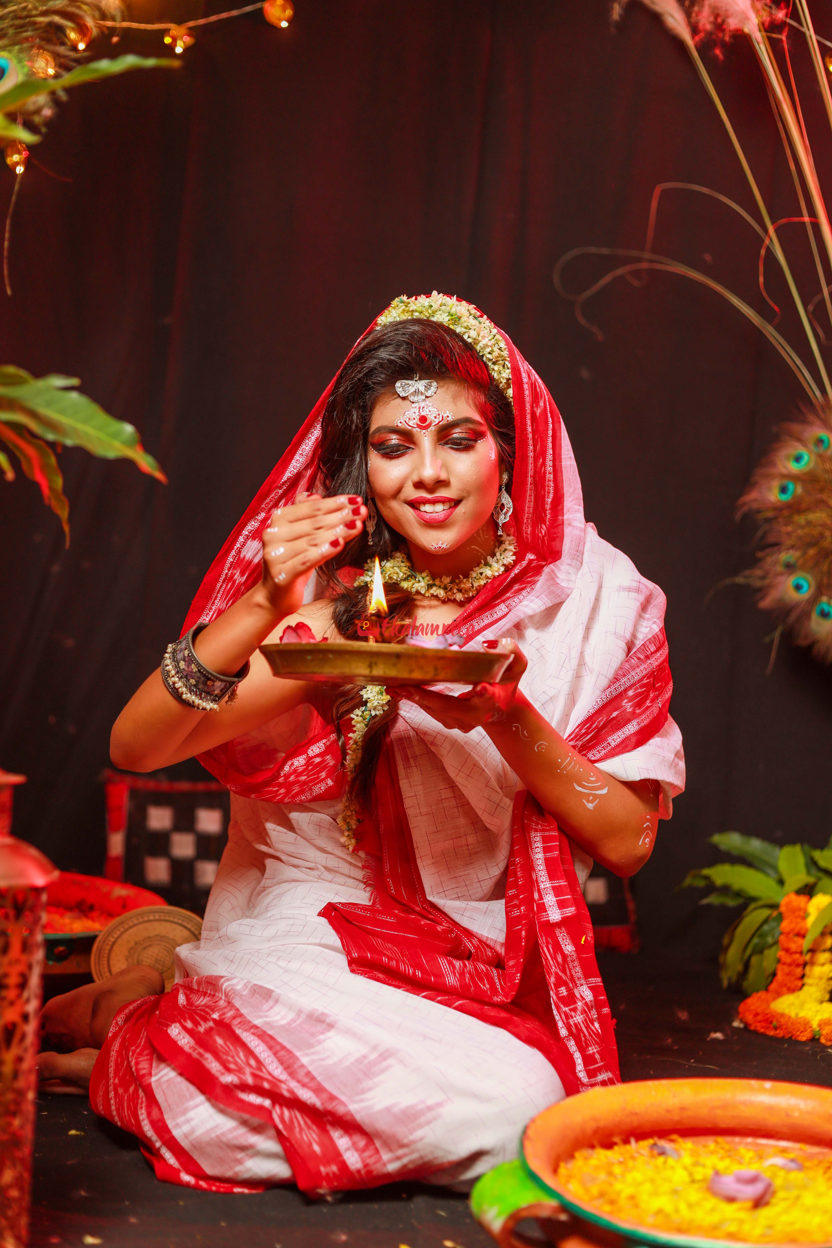 White Red Jharana Saree