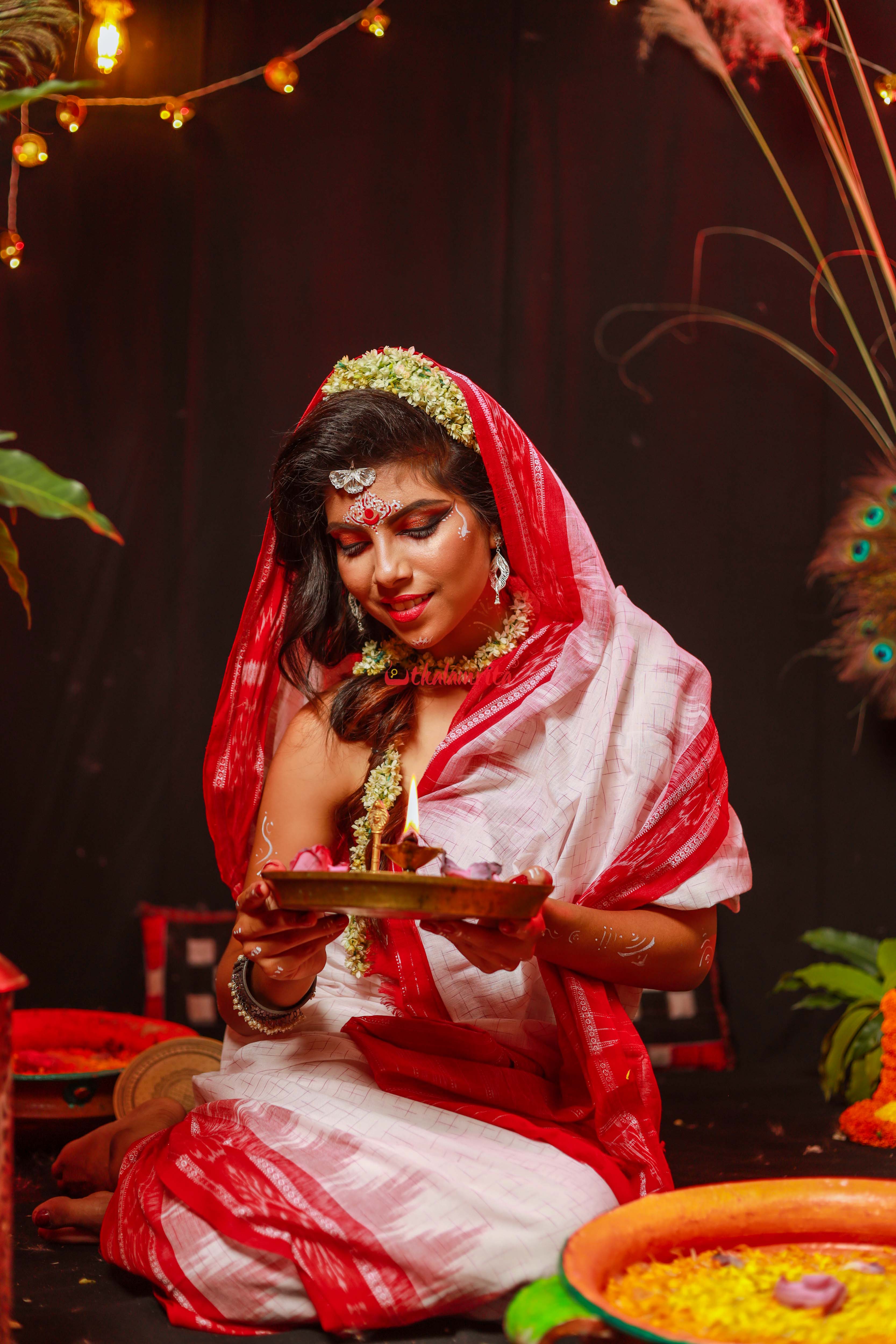 White Red Jharana Saree