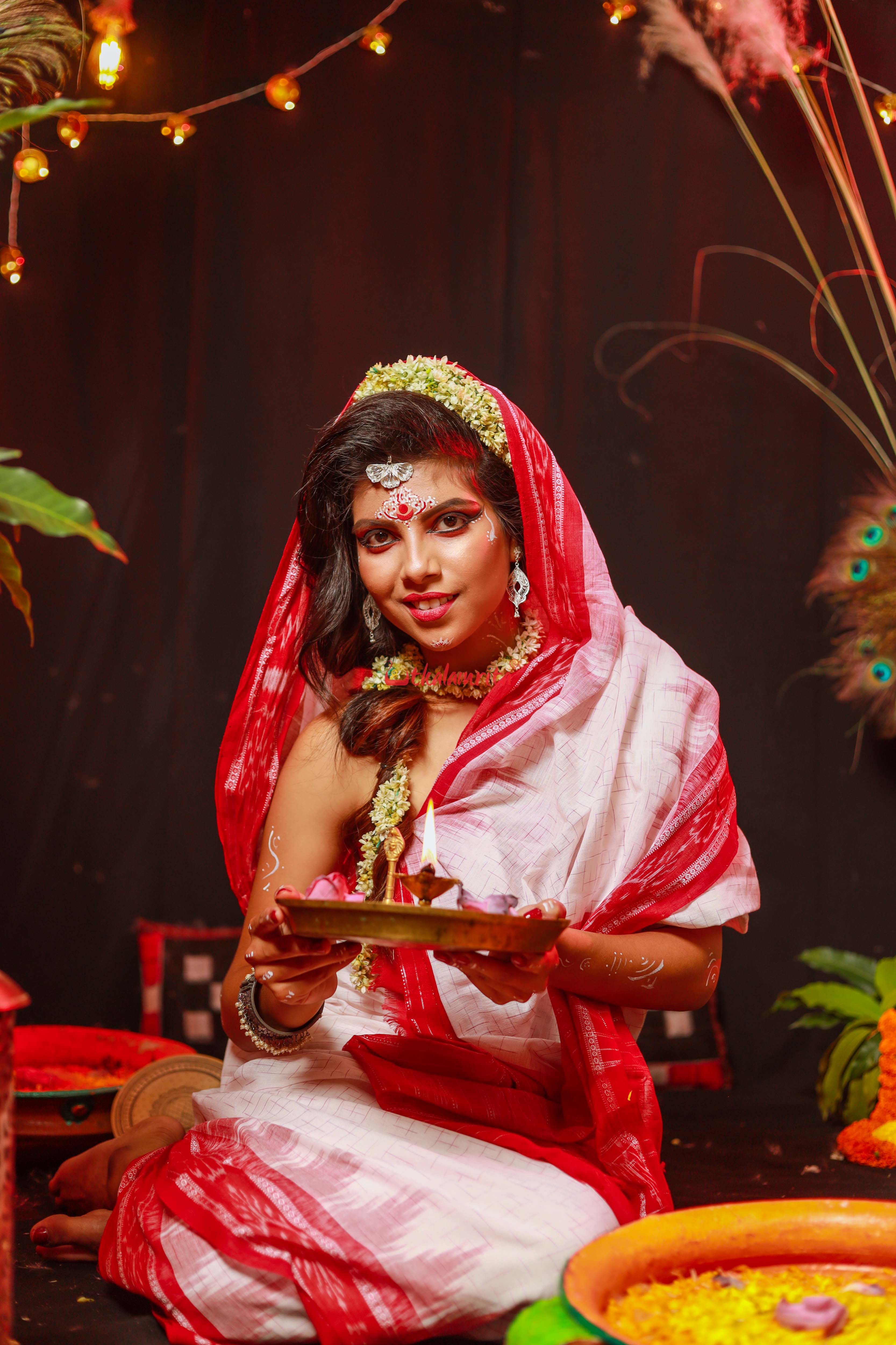 White Red Jharana Saree