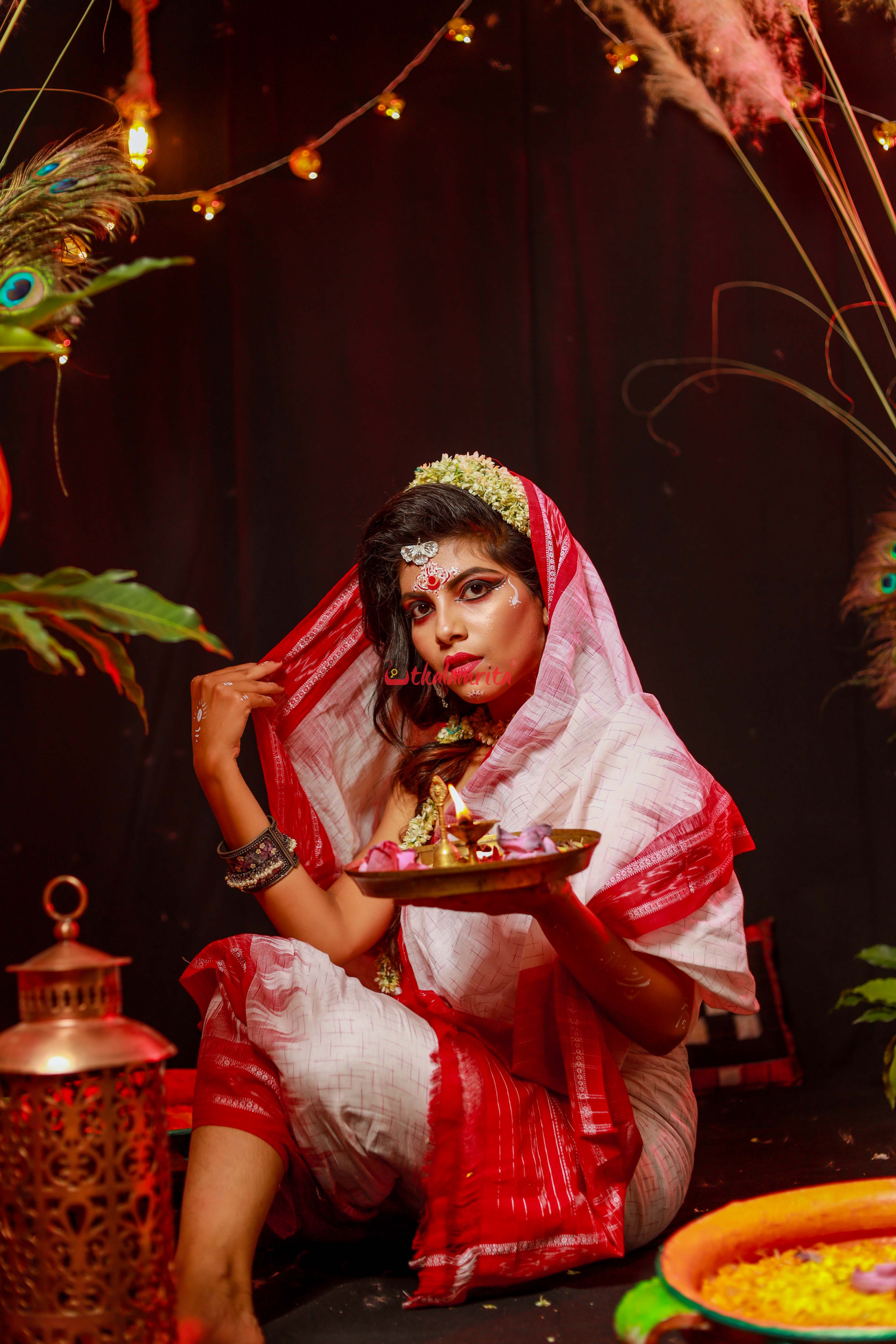 White Red Jharana Saree