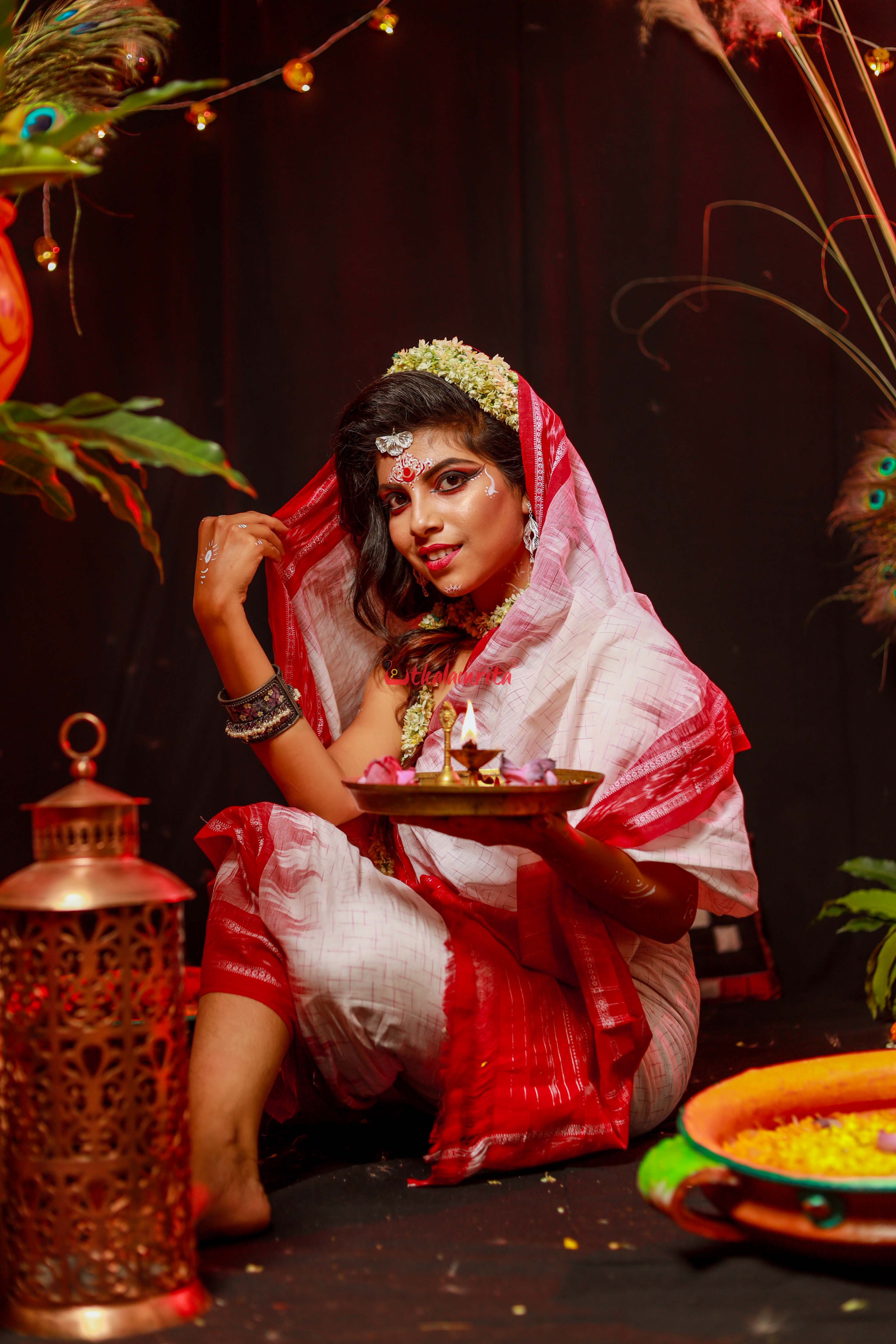 White Red Jharana Saree