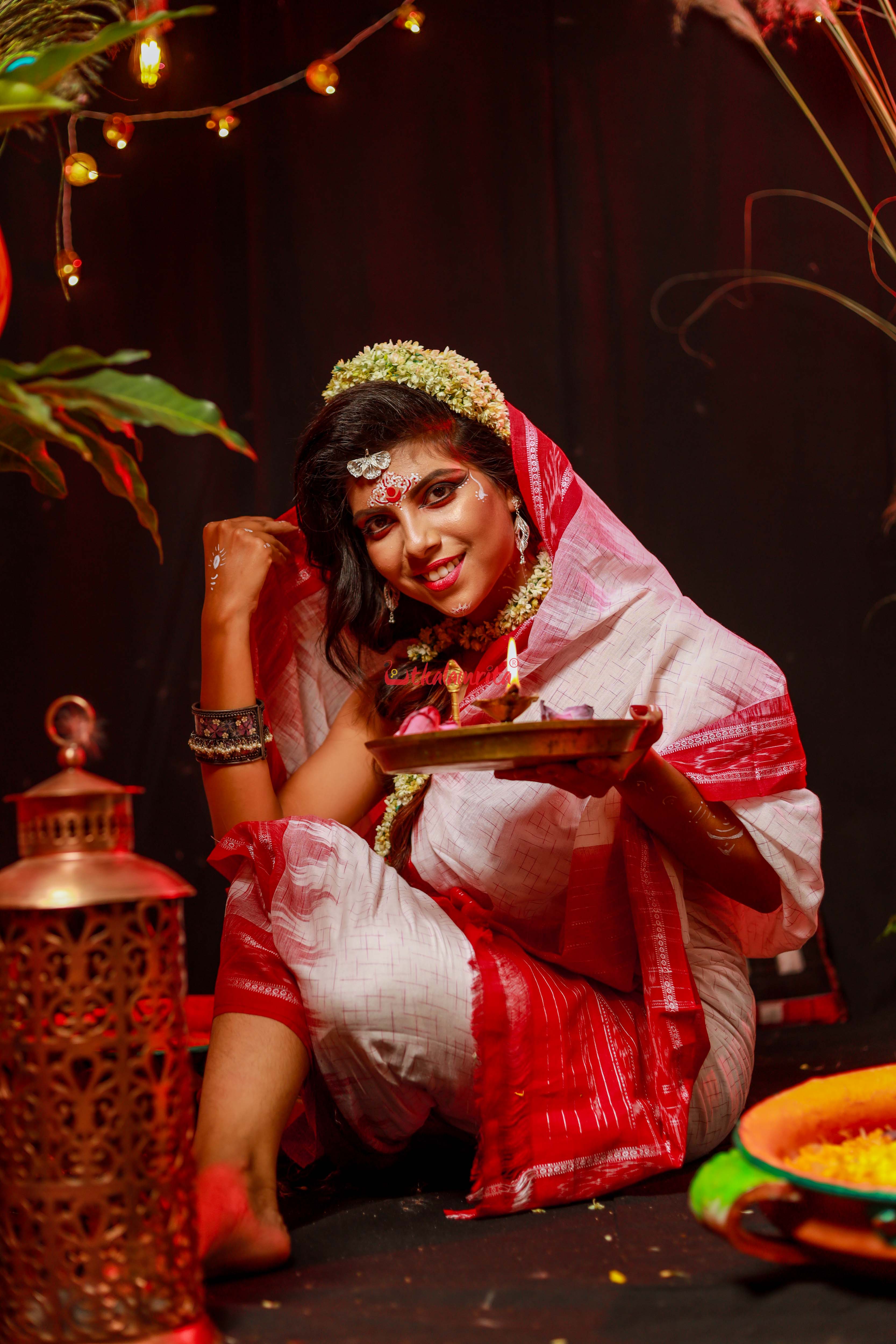 White Red Jharana Saree