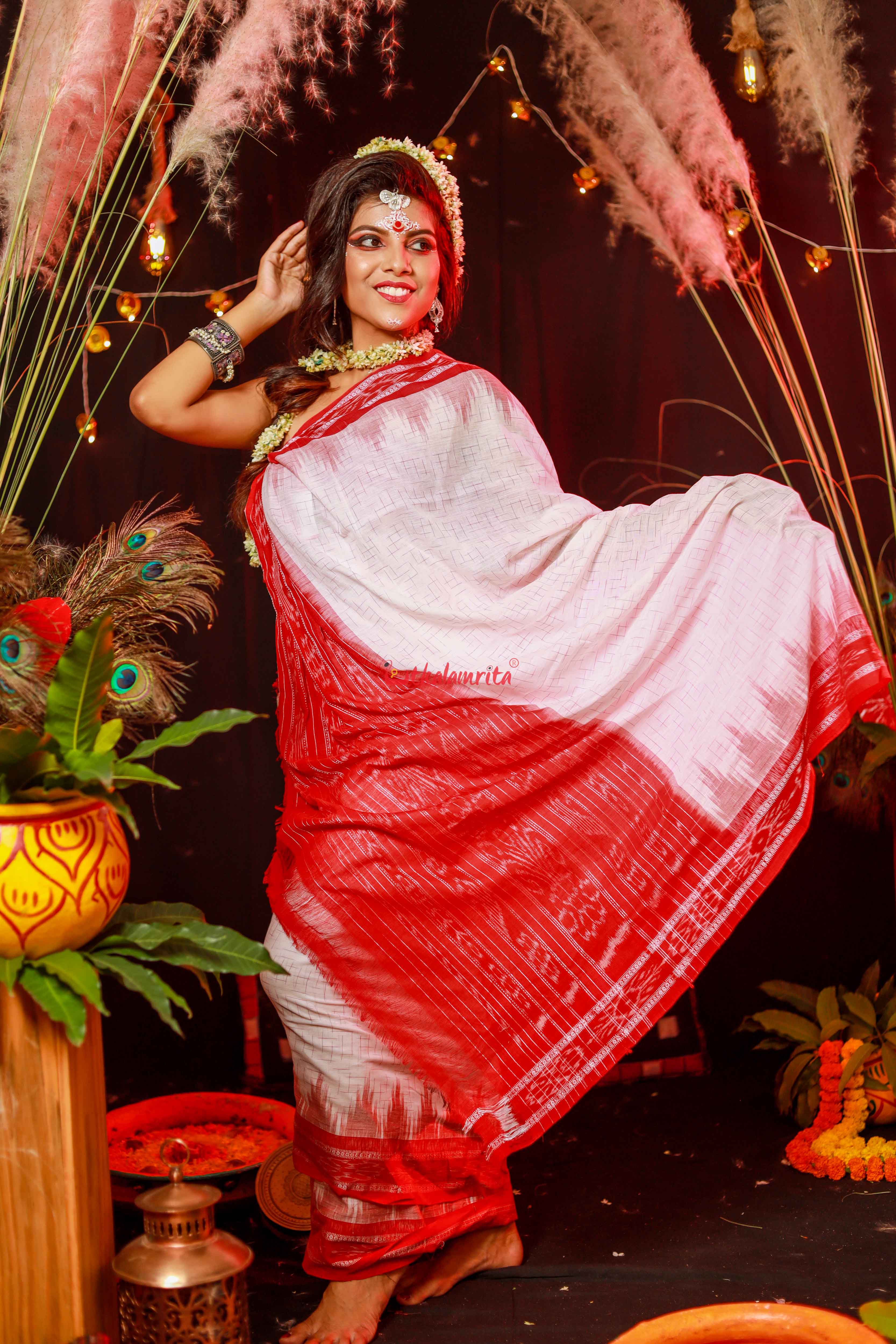 White Red Jharana Saree